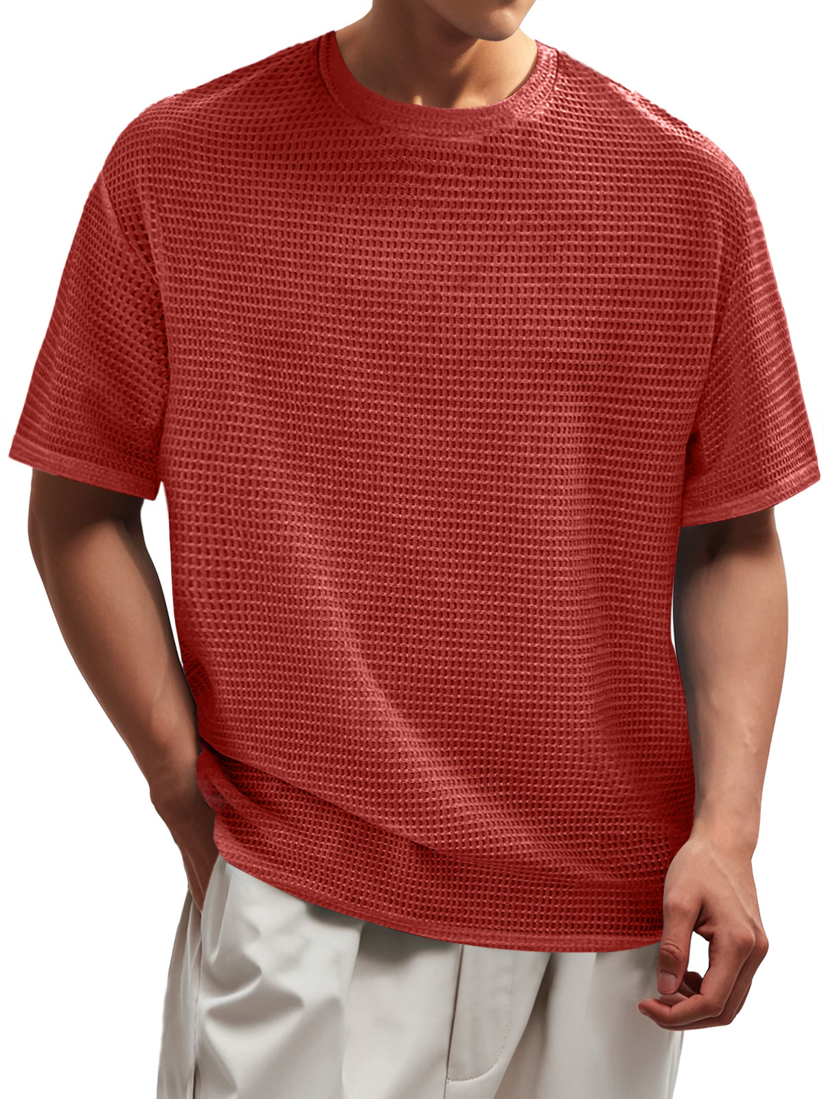 Men's Waffle Everyday Round Neck Casual Solid Color Short Sleeve T-Shirt