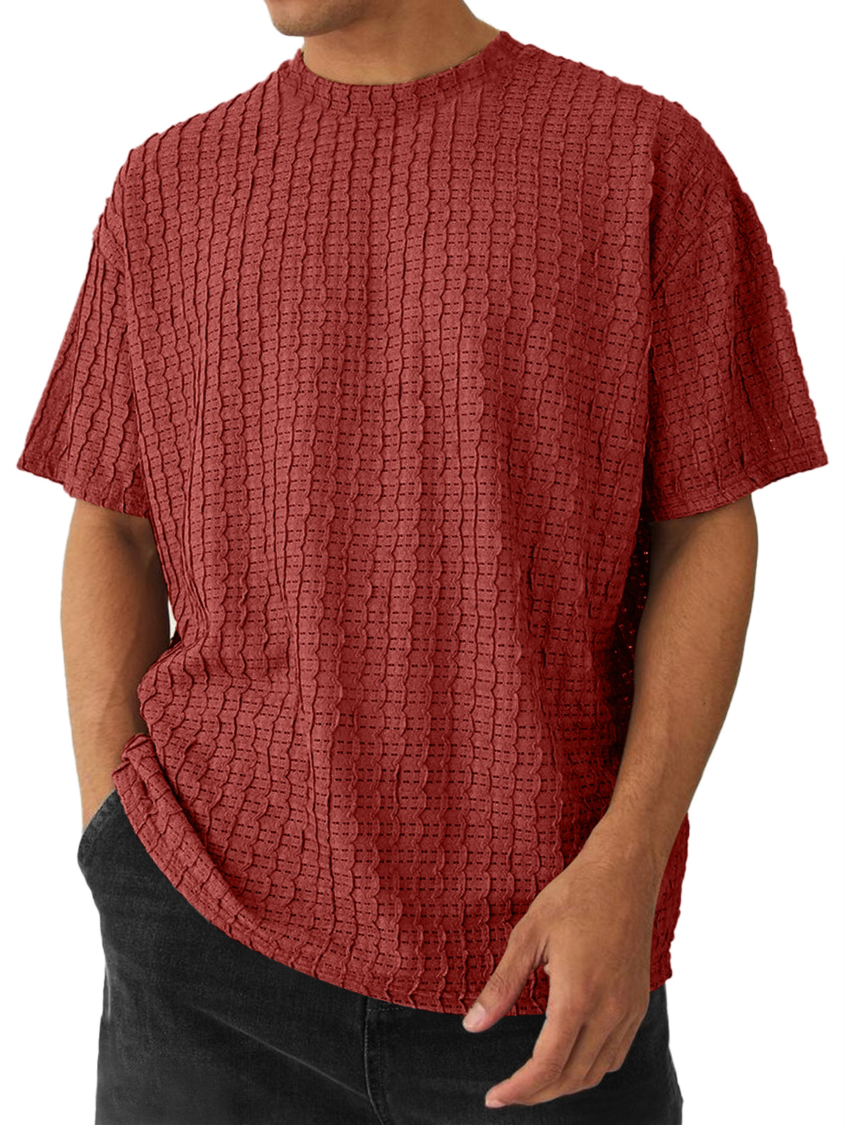 Men's Round Neck Casual Texture Solid Color Short-sleeved T-shirt
