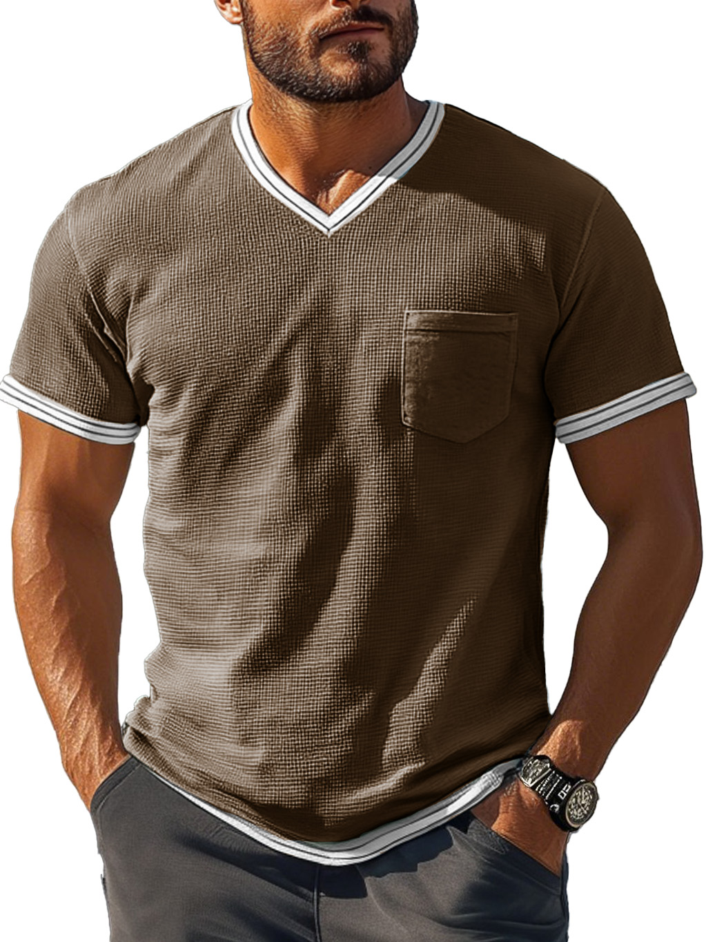 Men's Fashion Retro Patchwork Textured Fabric V-neck Short-sleeved T-shirt