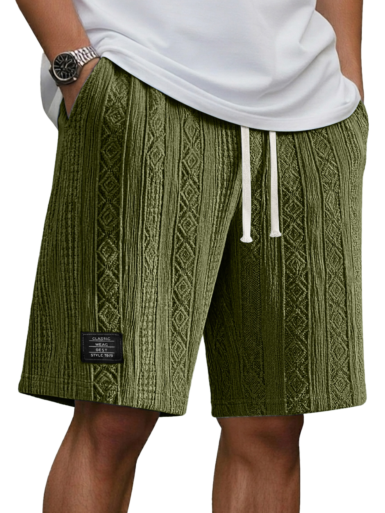 Men's Jacquard Casual Embroidered Logo Elastic Waist Solid Color Shorts