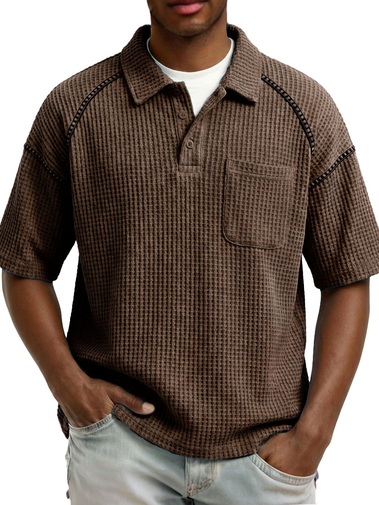 Men's Fashion Retro Raglan Waffle Gown Short-Sleeve Polo Shirt