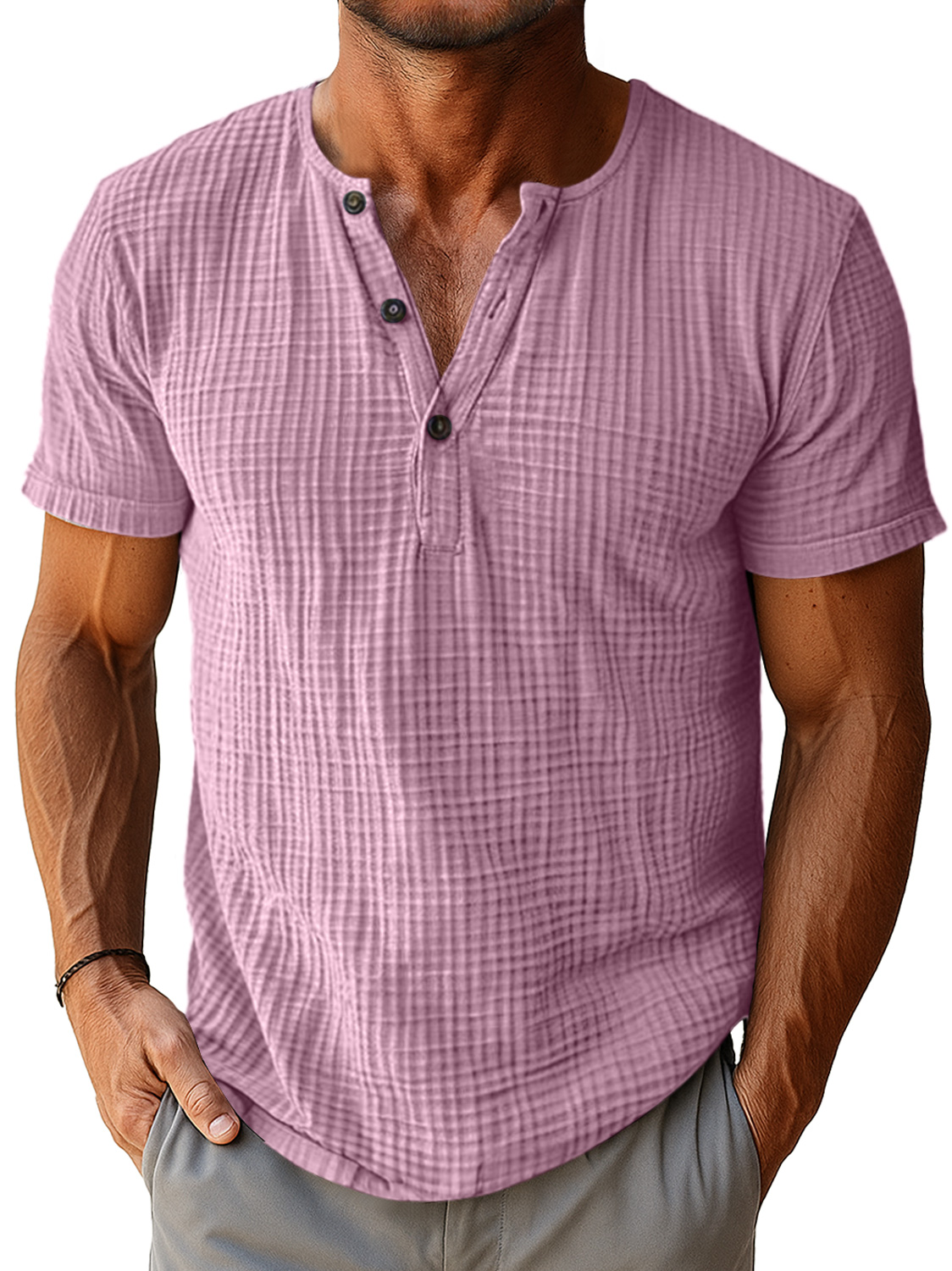 Men's Retro Everyday Pleated Texture Button Solid Color Short Sleeve Henley Shirt