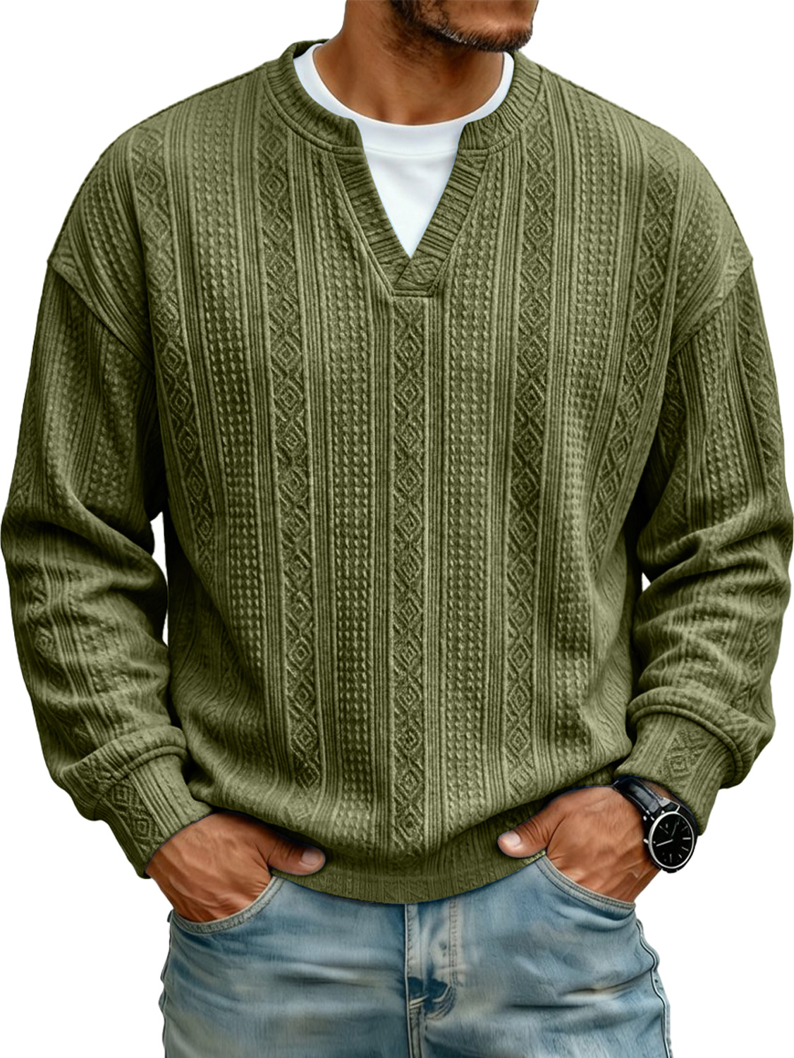 Men's Jacquard Faux Two-piece Casual Long-sleeved T-shi