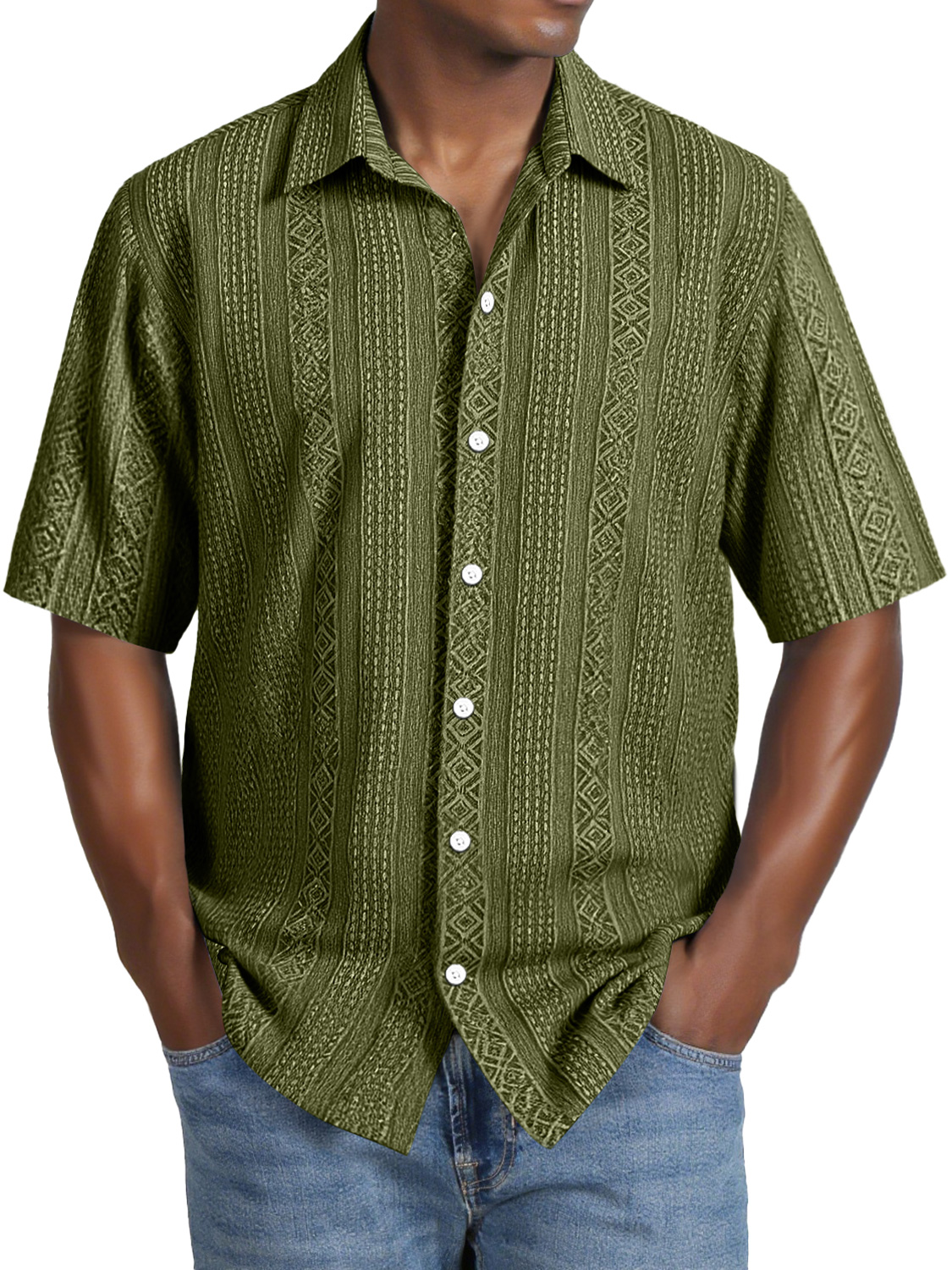 Men's Daily Casual Jacquard Texture Lapel Comfortable Short-sleeved Shirt