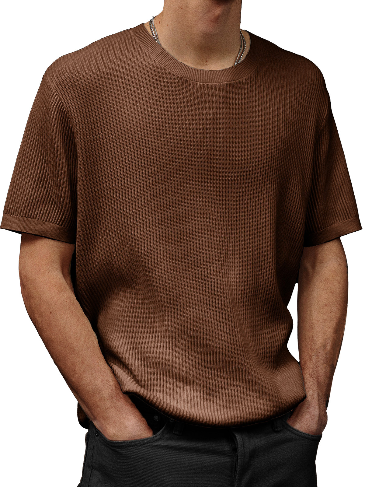 Men's Fashion Casual Waffle Fabric Round Neck Short-sleeved T-shirt