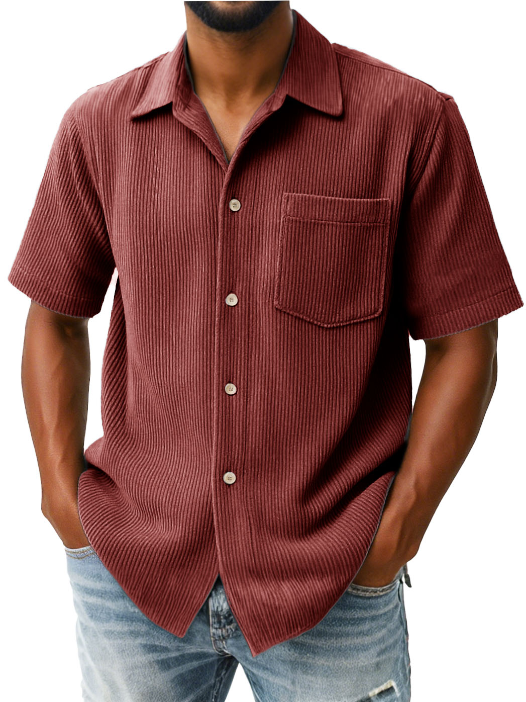 Men's Fashion Casual Ribbed Fabric Pocket Short-Sleeved Lapel Shirt