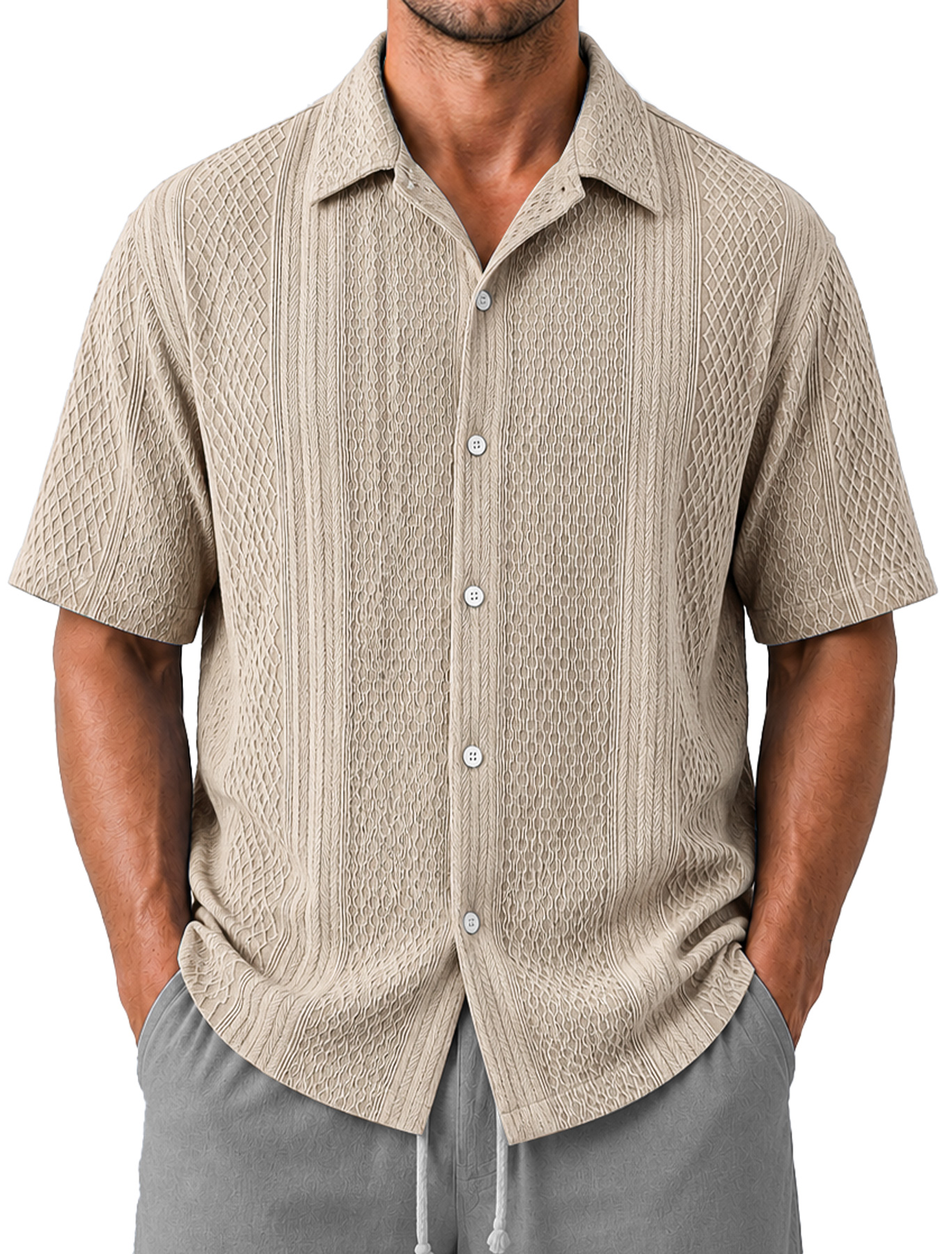Men's Casual Jacquard Textured Solid Color Short-Sleeve Shirt
