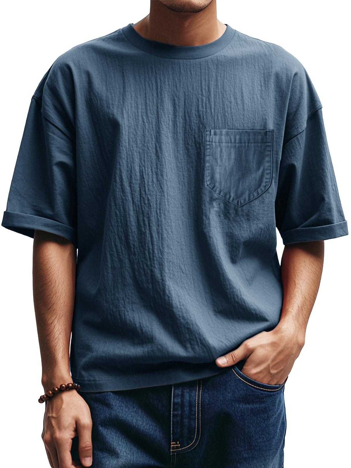Men's Fashion Casual Pleated Round Neck Short Sleeve Pocket T-Shirt