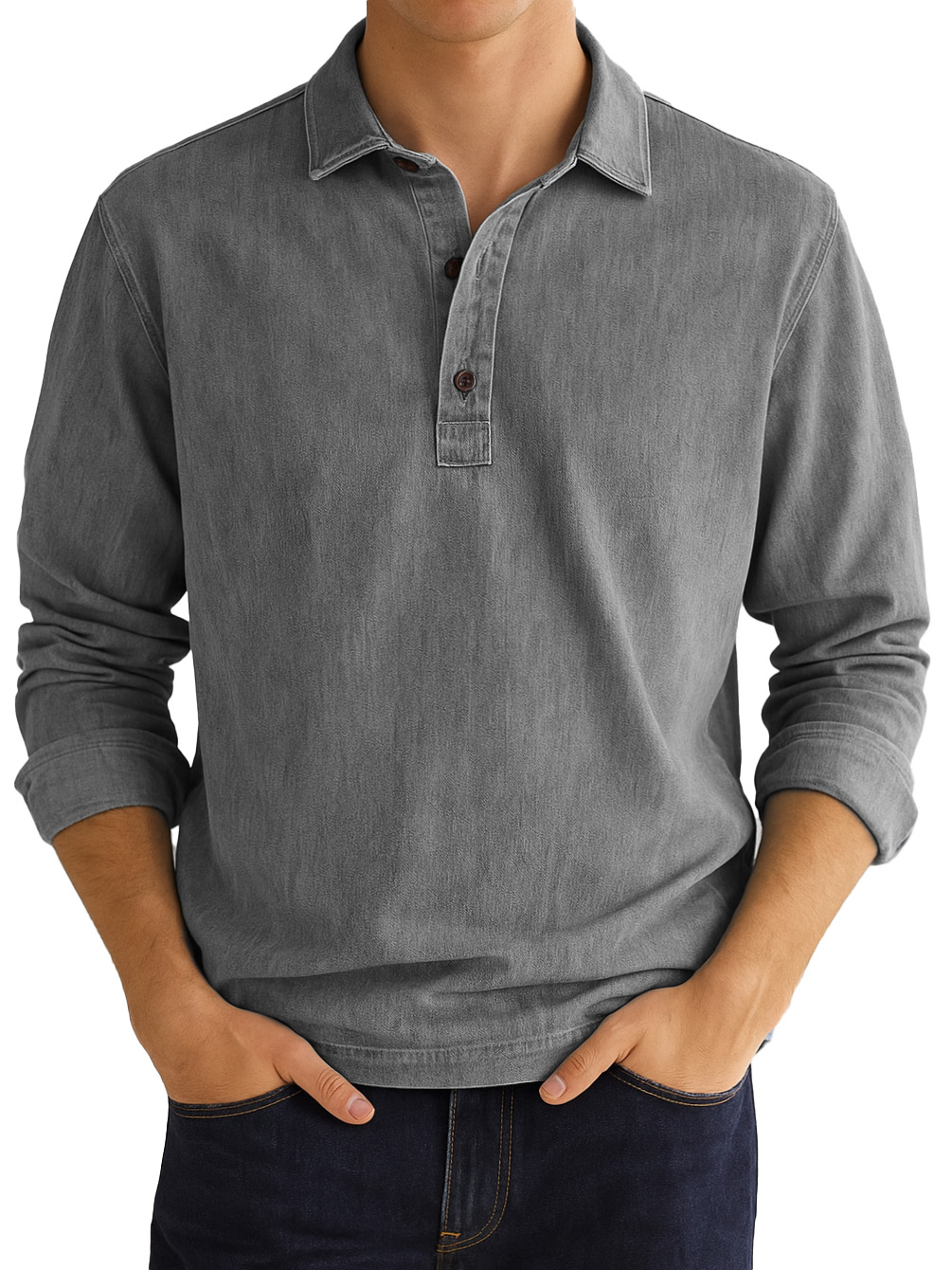 Men's Stylish Vintage Distressed Lapel Long-sleeved Polo Shirt