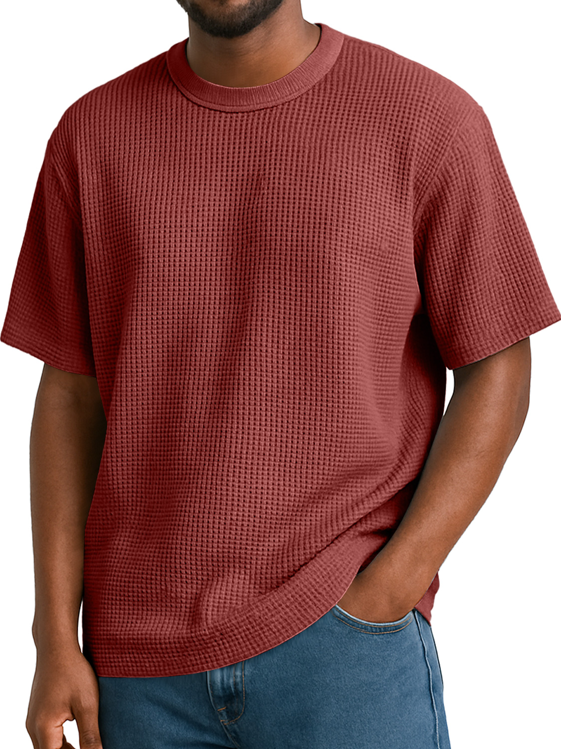 Men's Waffle Daily Round Neck Casual Solid Color Short Sleeve T-Shirt