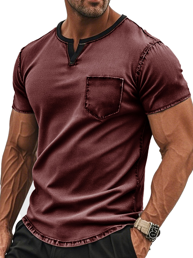 Men's Fashion Retro Pocket V-neck Pocket Short-sleeved T-shirt