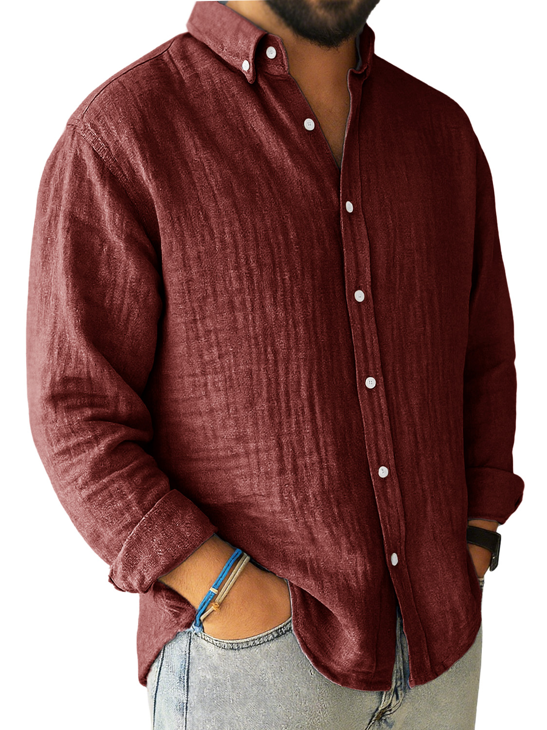 Men's Casual Pleated Loose-fitting Long-sleeved Lapel Shirt