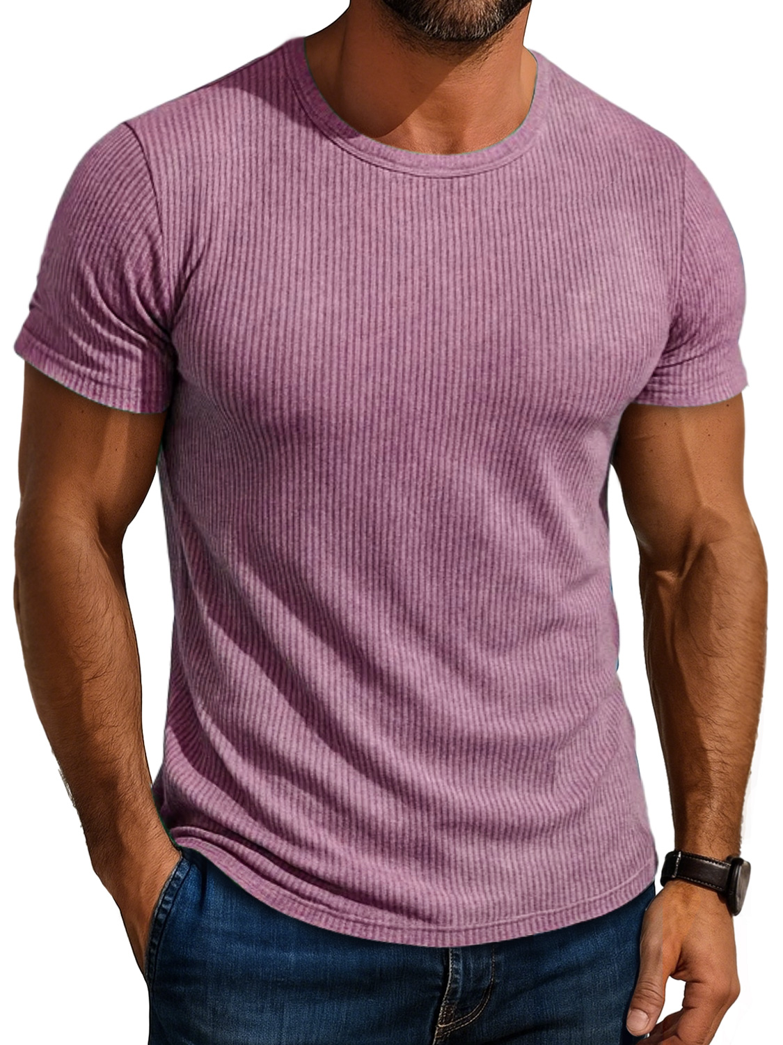 Men's Daily Round Neck Ribbed Casual Comfortable Solid Color Short-sleeved T-shirt