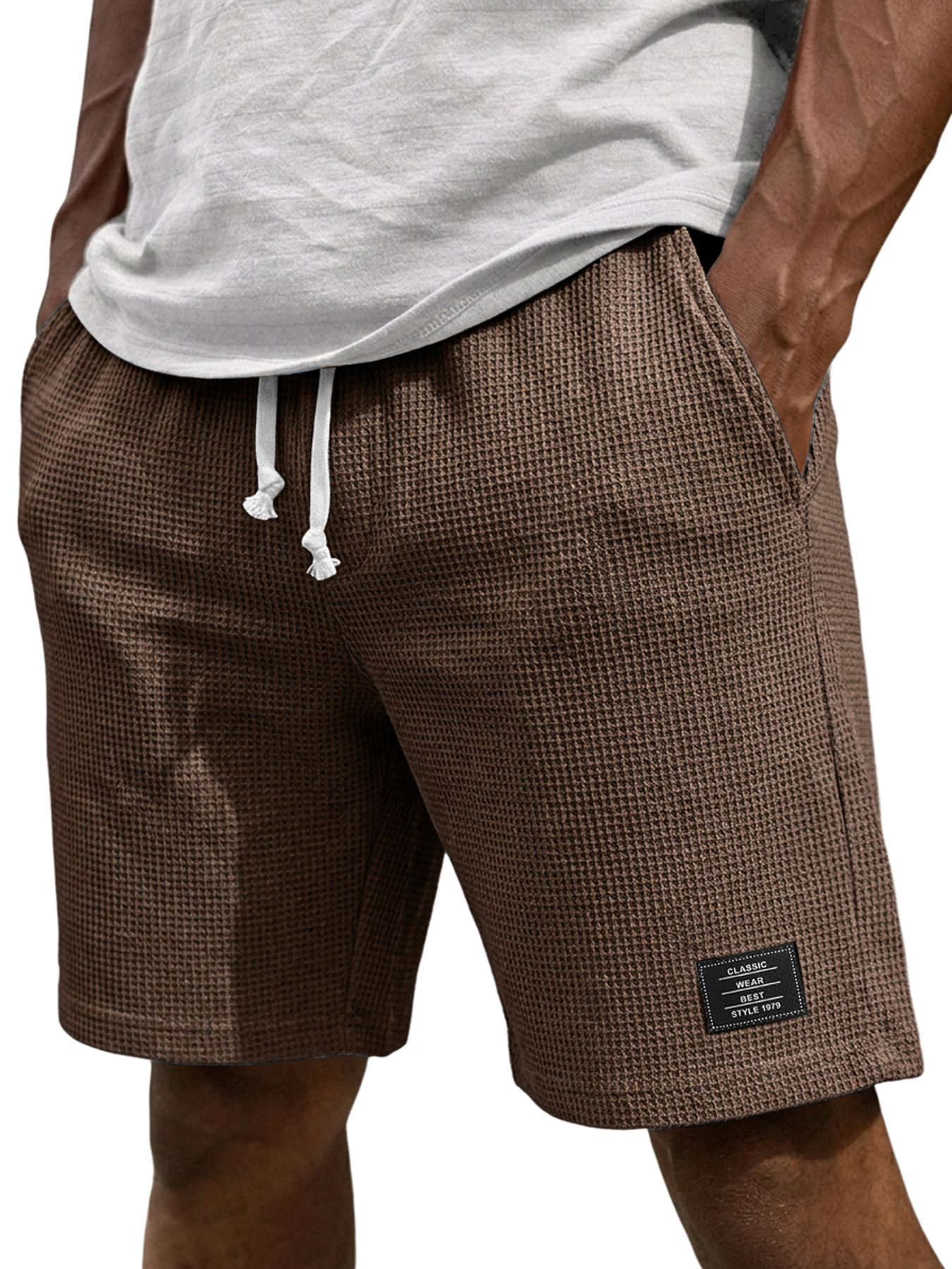 Men's Casual Waffle Embroidered Logo Elastic Waist Loose Shorts