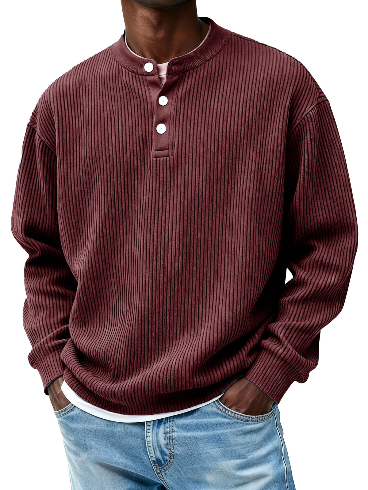 Men's Casual Pit Strip Fabric Three-button Long-sleeved Henry Shirt