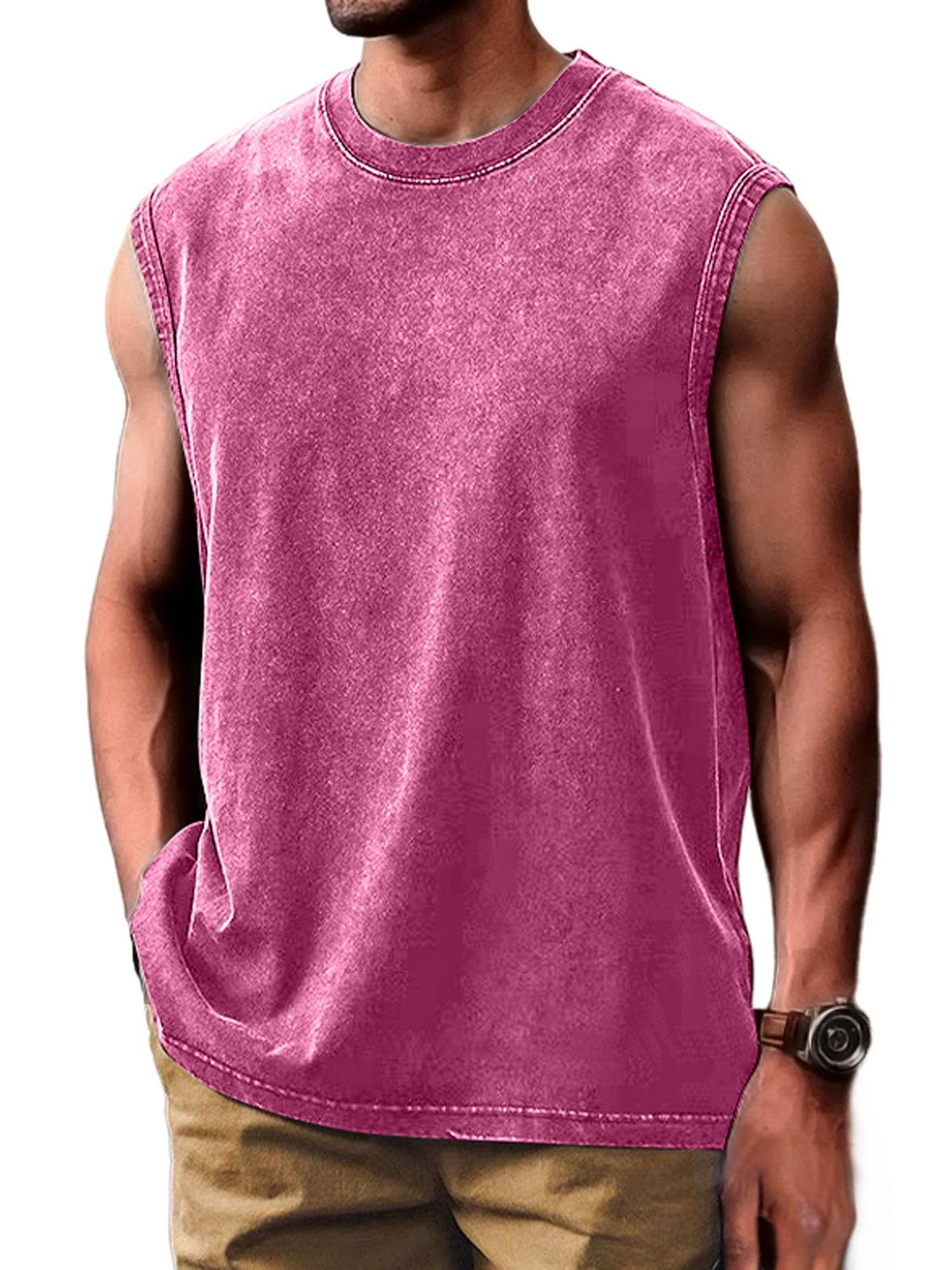 Men's Retro Distressed Fashion Round Neck Casual Solid Color Sleeveless Vest
