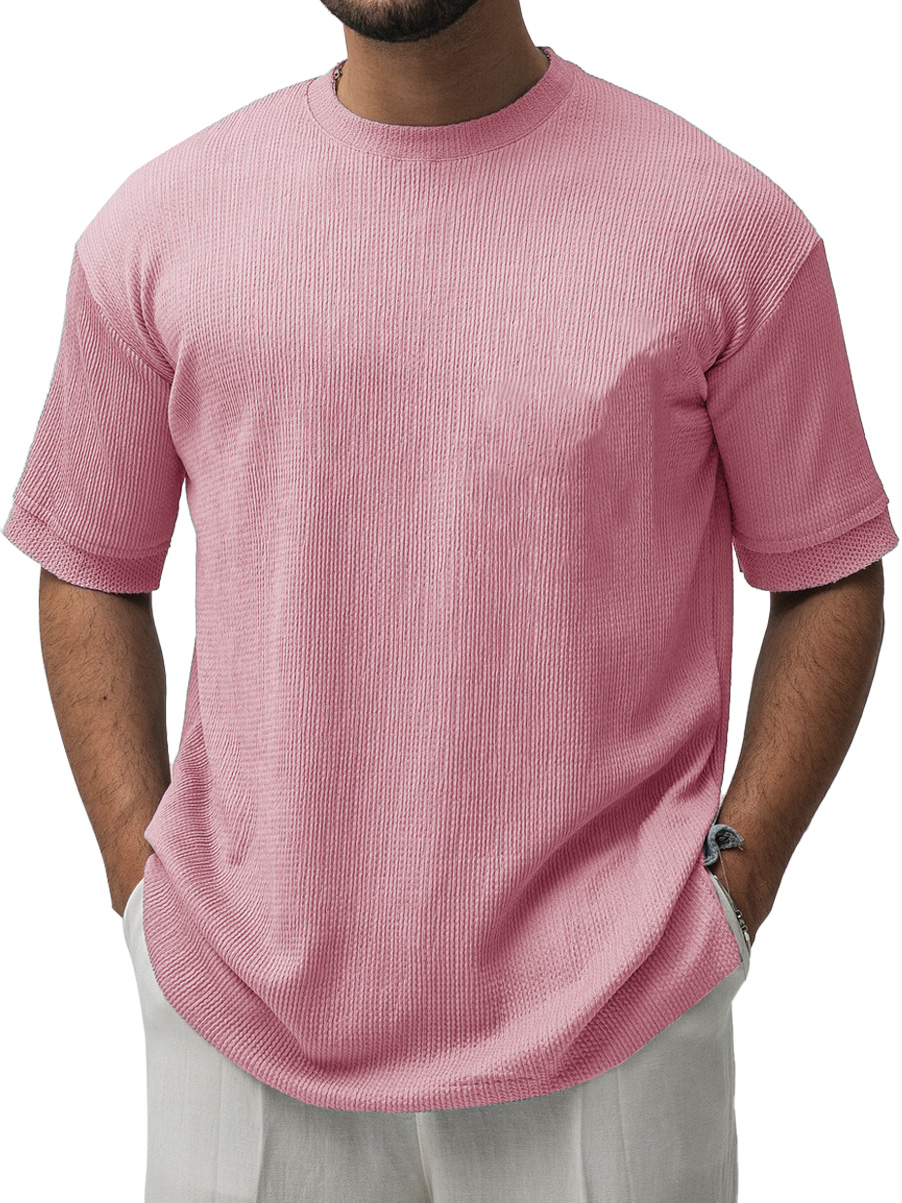 Men's Fashion Casual Ribbed Fabric Short-sleeved Crew Neck T-shirt