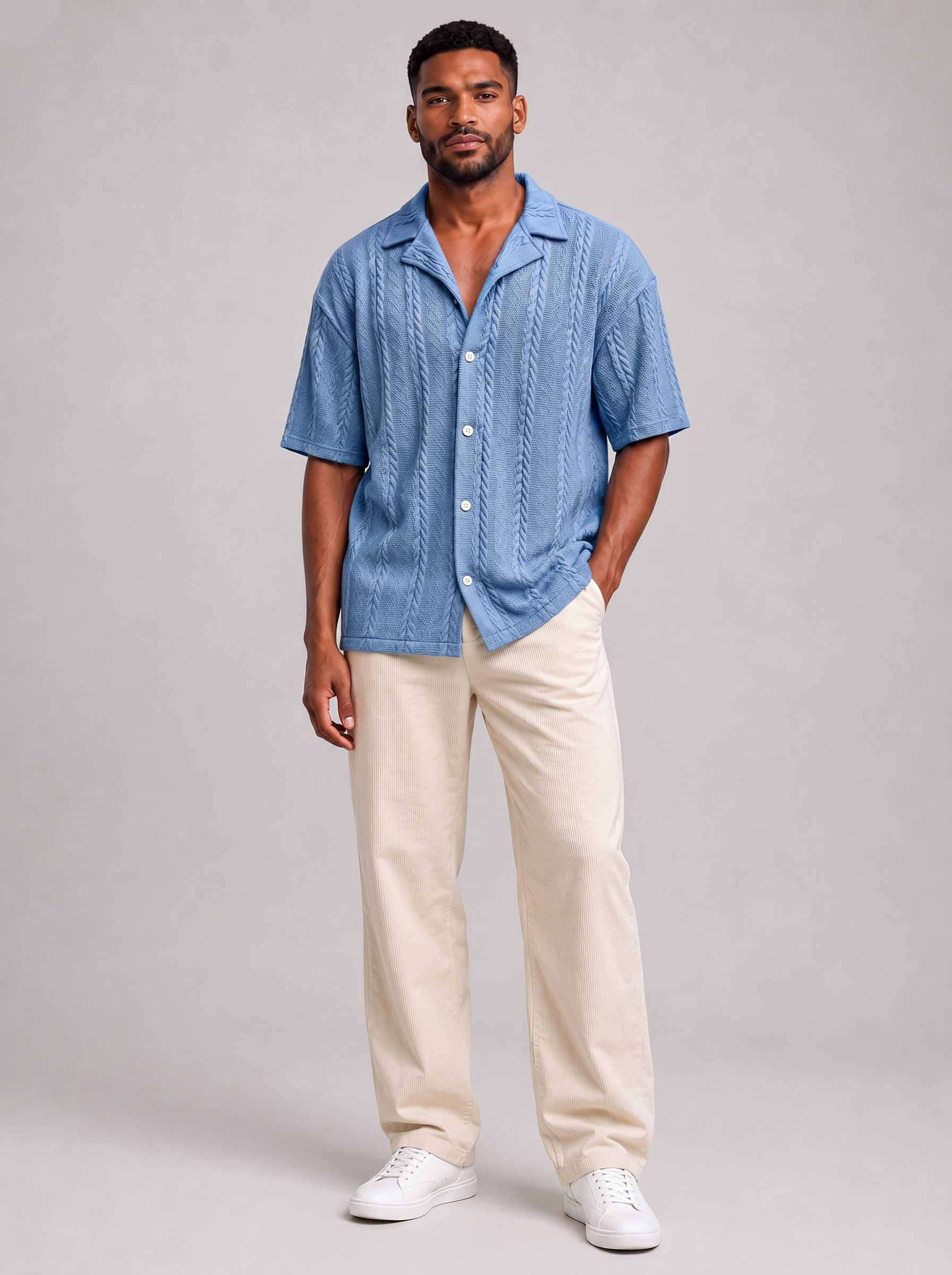 Men's Casual Solid-Color Short-Sleeve Shirt with Jacquard Texture