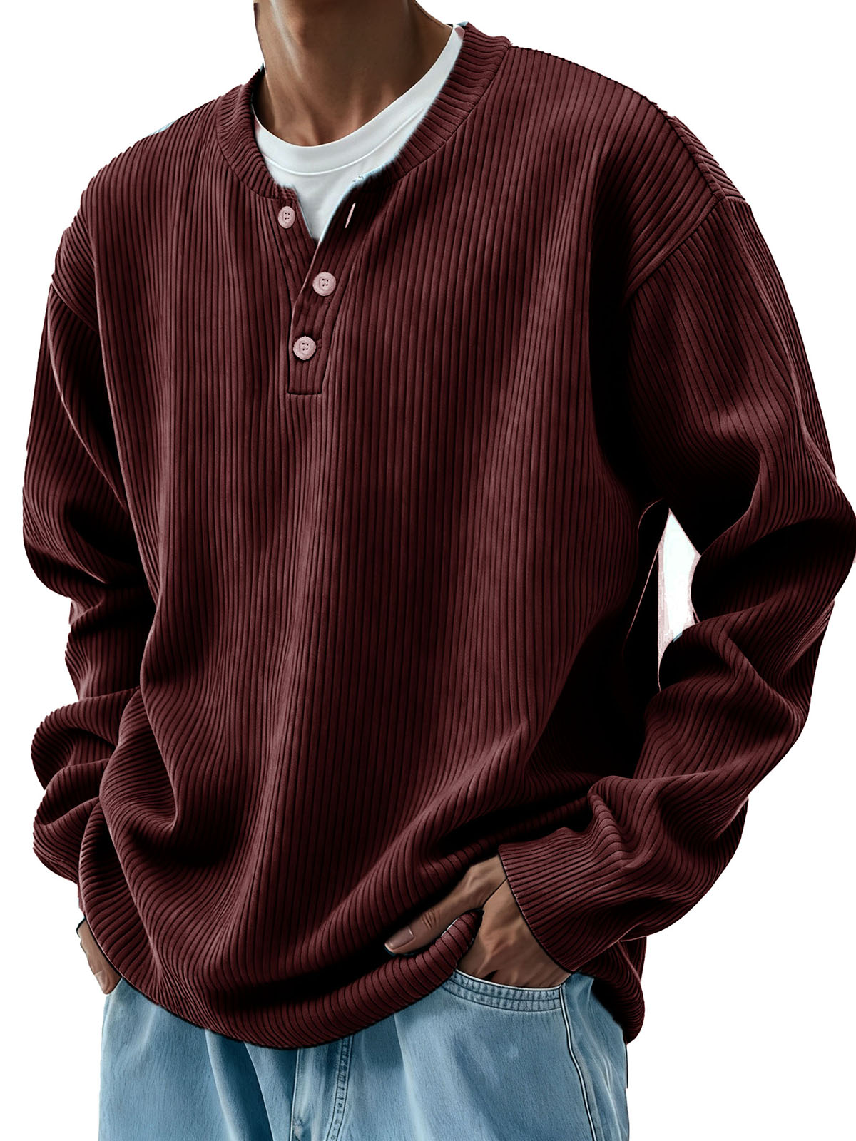 Men's Clothing Fashionable Casual Pit Strip Fabric Three-button Long-sleeved Henry Shirt