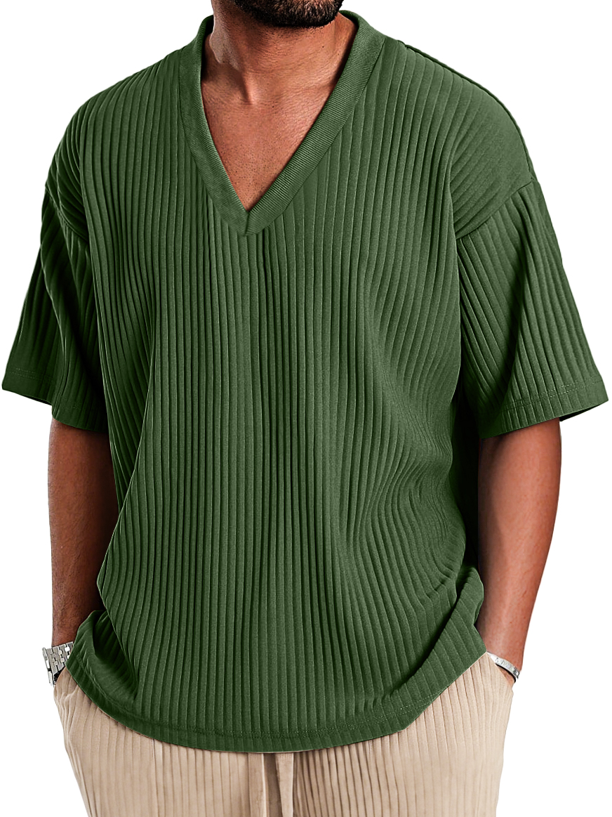 Men's Casual V-neck Ribbed Comfortable Short-sleeved T-shirt