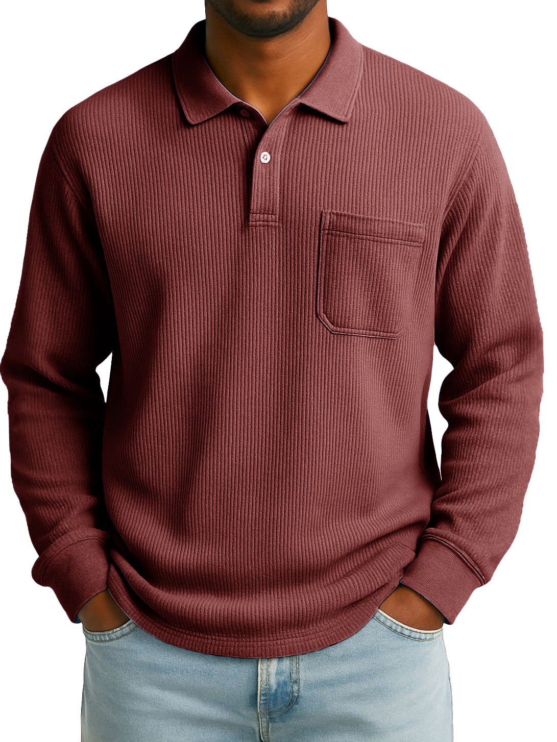 Men's Stylish Everyday Casual Corduroy Fabric Pocket Lapel Long-sleeved Polo Shirt