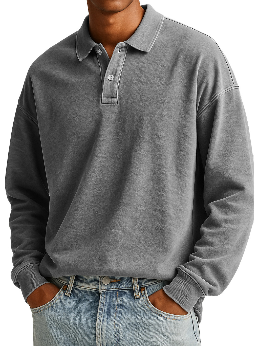 Men's Stylish Casual Padded Lapel Button-stitched Ribbed Long-sleeved Polo Shirt