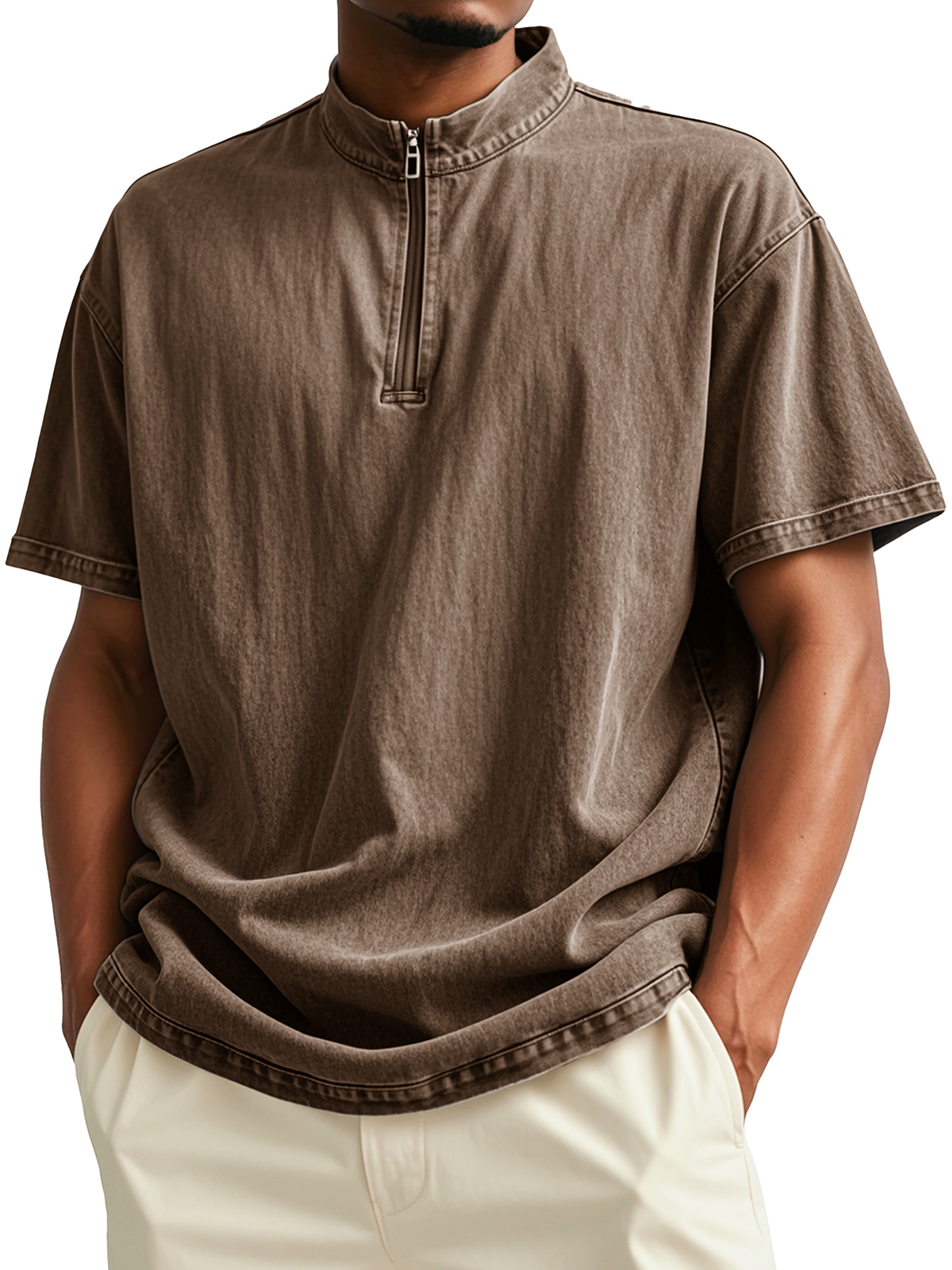 Men's Fashion Retro Distressed Short-sleeved Stand-up Collar Polo Shirt