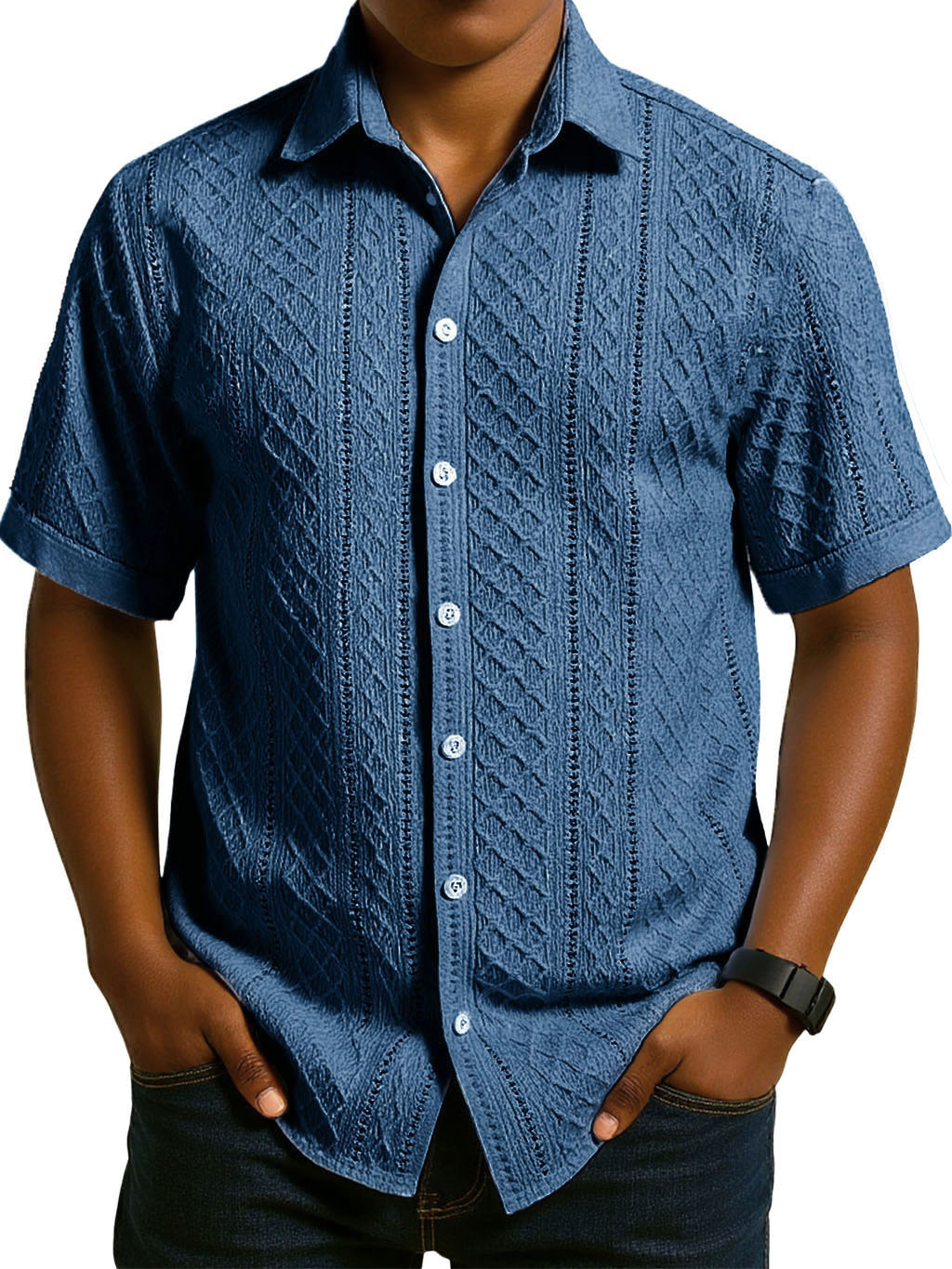 Men's Fashion Casual Jacquard Fabric Lapel Short-sleeved Shirt