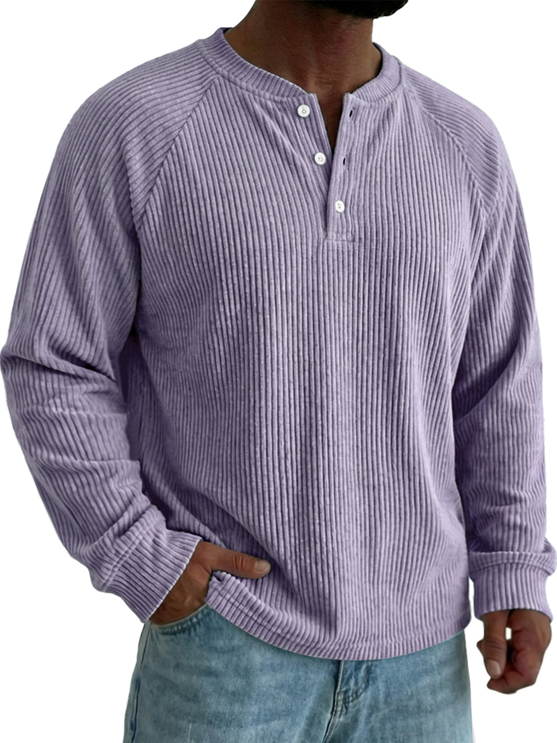 Men's Raglan Sleeve Corduroy Casual Solid Color Long-sleeved Henley Shirt