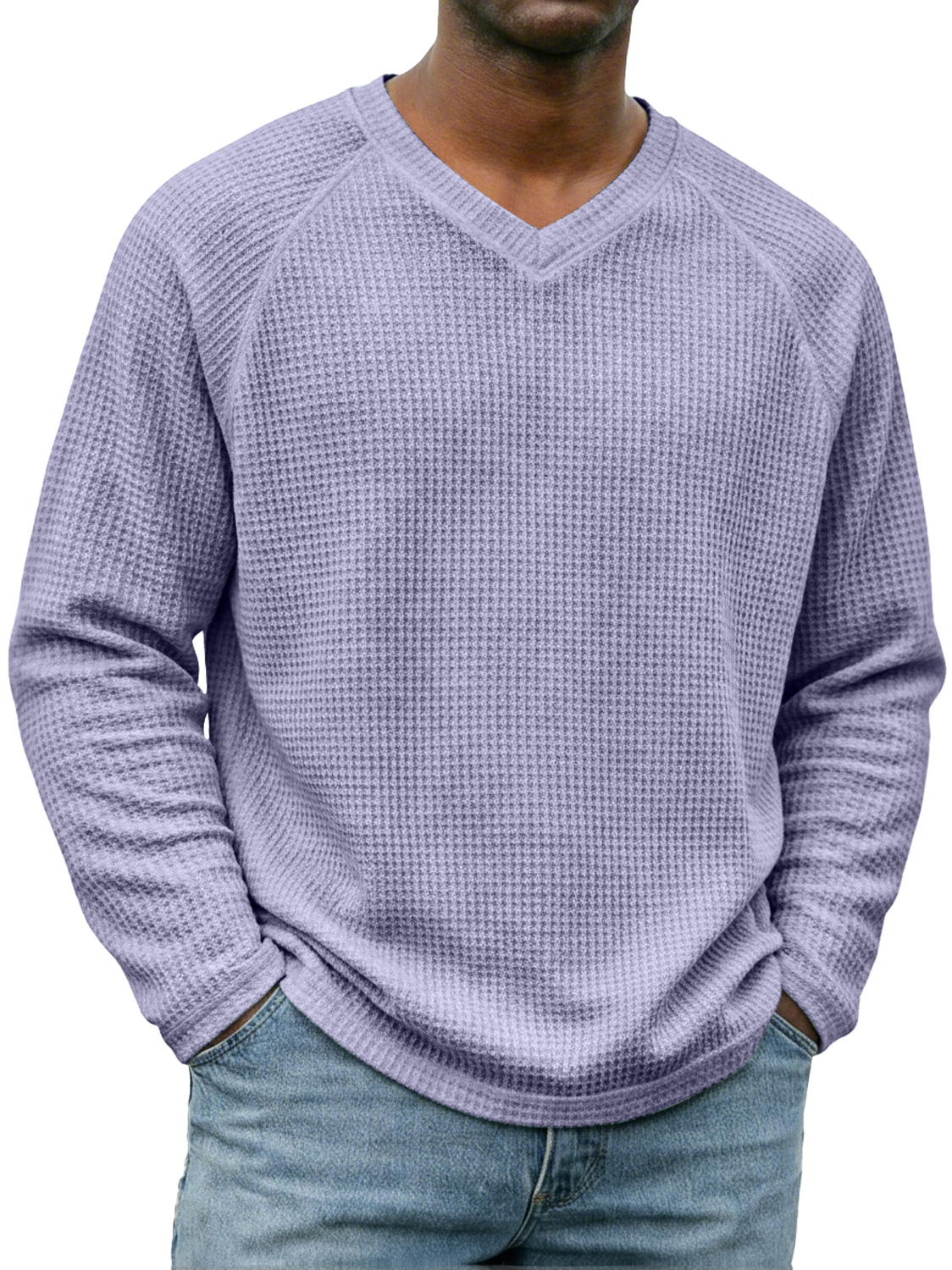Men's Simple V-neck Raglan Sleeve Waffle Knit Casual Long-sleeved T-shirt
