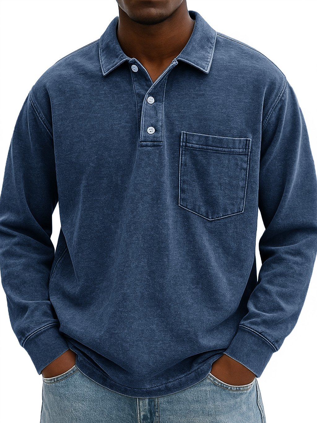 Men's Stylish Vintage Distressed Pocket Lapel Long-sleeved Polo Shirt