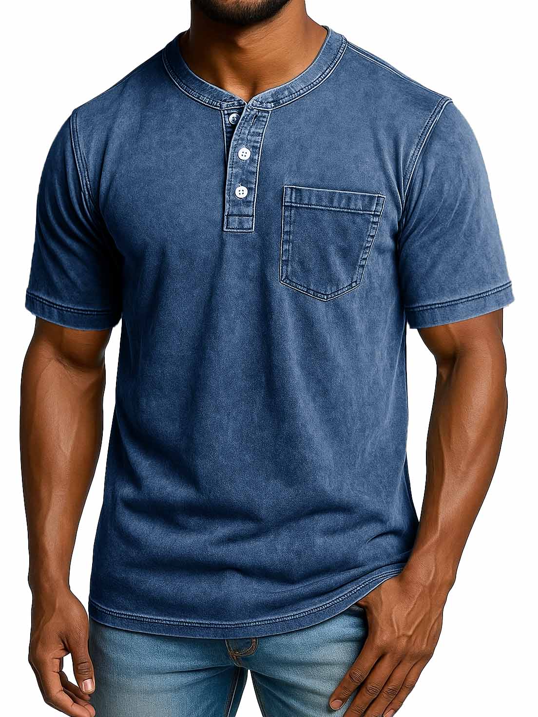 Men's Fashion Retro Distressed Short-sleeved Pocket Henley Shirt