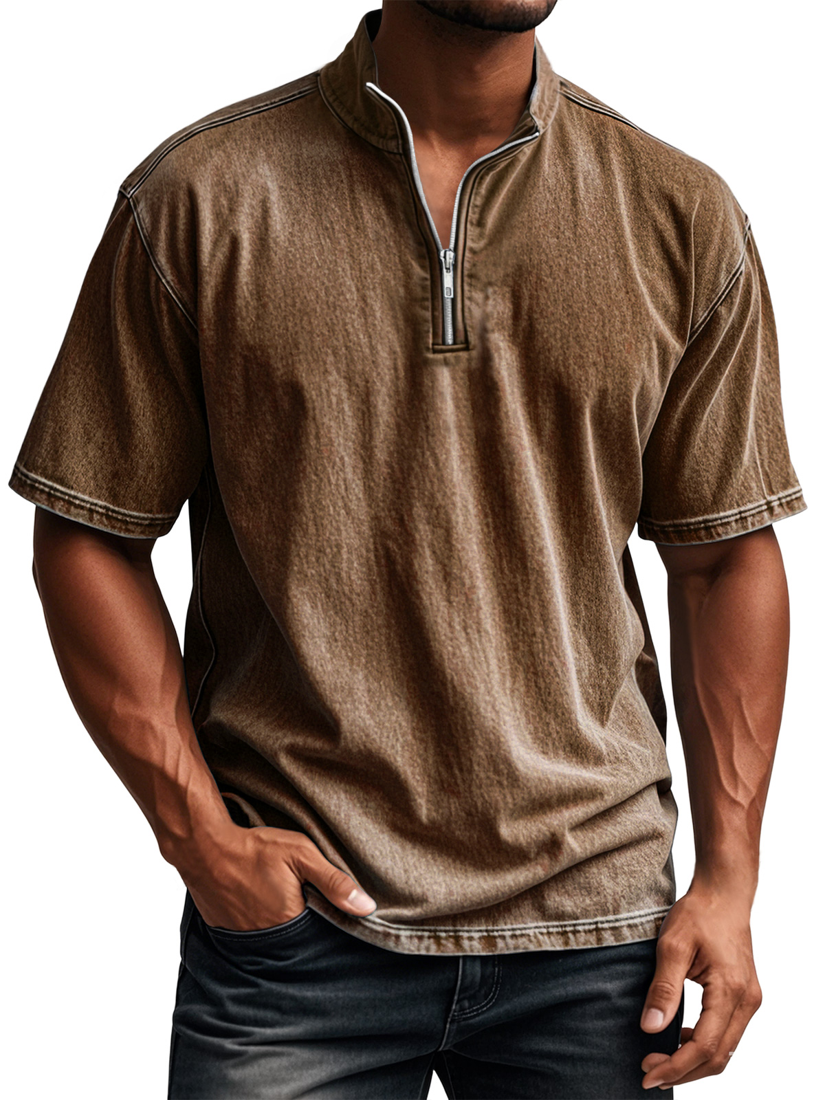 Men's Retro Everyday Stand Collar Quarter Zip Casual Short Sleeve T-Shirt