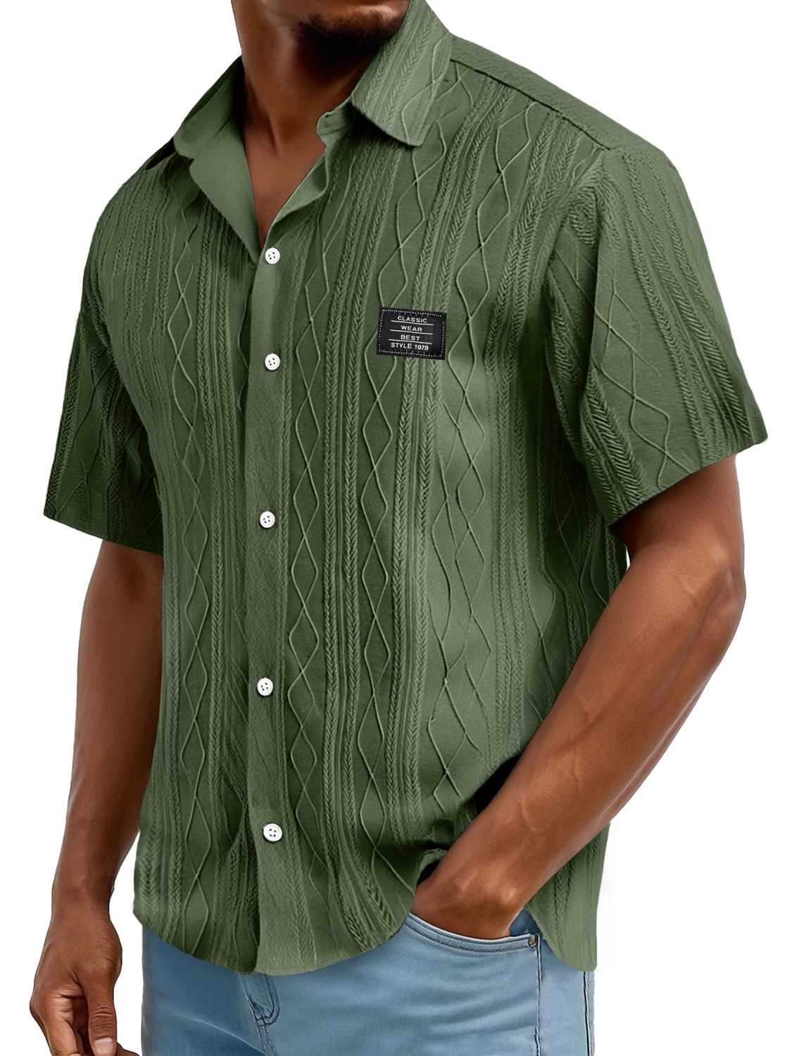 Men's Daily Casual Texture Embroidered Logo Solid Color Comfortable Short-sleeved Shirt