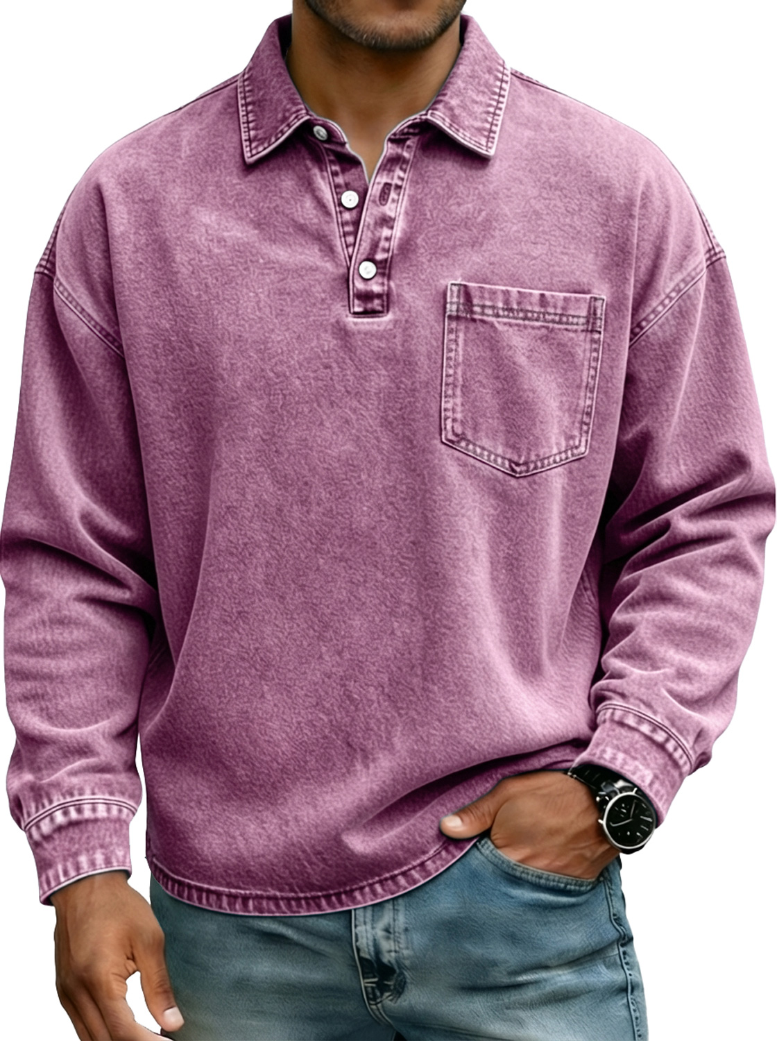 Men's Vintage-style Pocket Casual Lapel Button-down Long-sleeved Polo Shirt