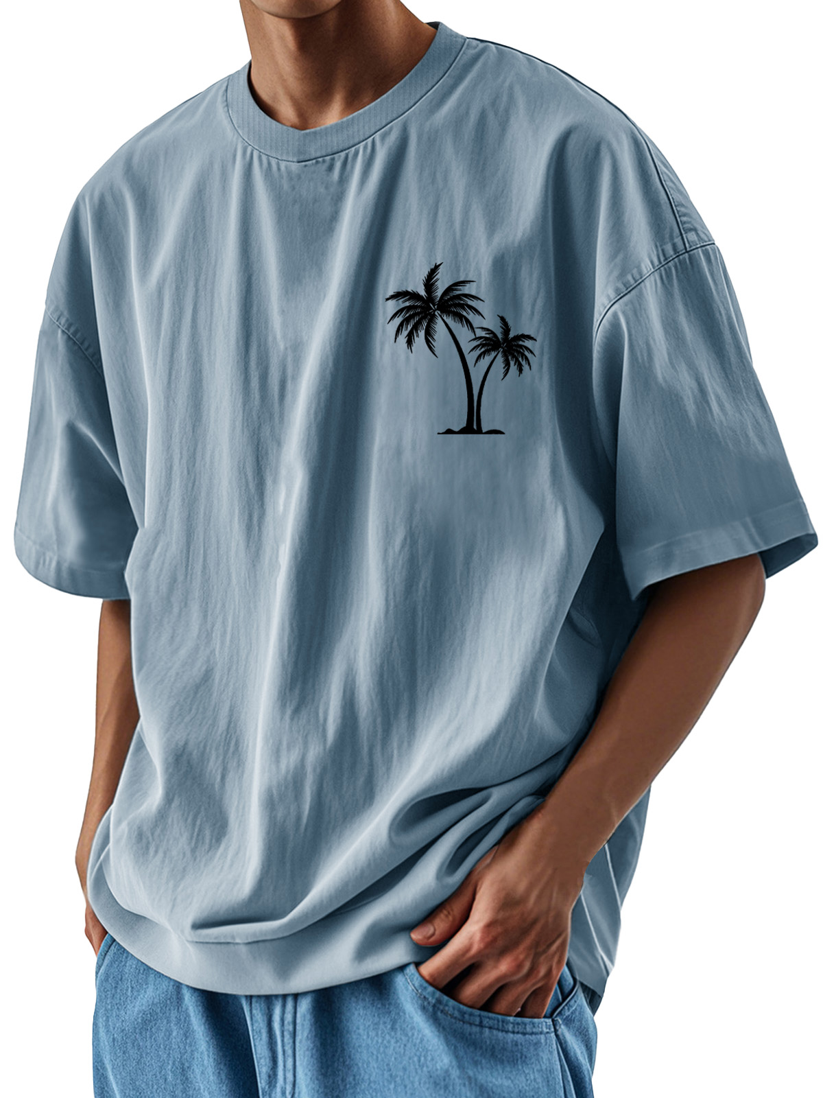 Men's Fashion Casual Loose Pocket Coconut Print Short Sleeve T-Shirt
