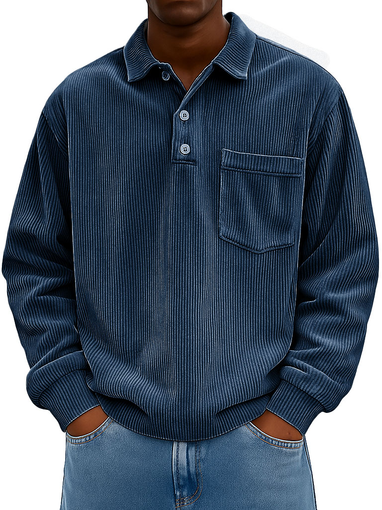 Men's Clothing Fashionable Casual Retro Lapel Corduroy Pit Strip Fabric Long-sleeved Pocket Polo Shirt