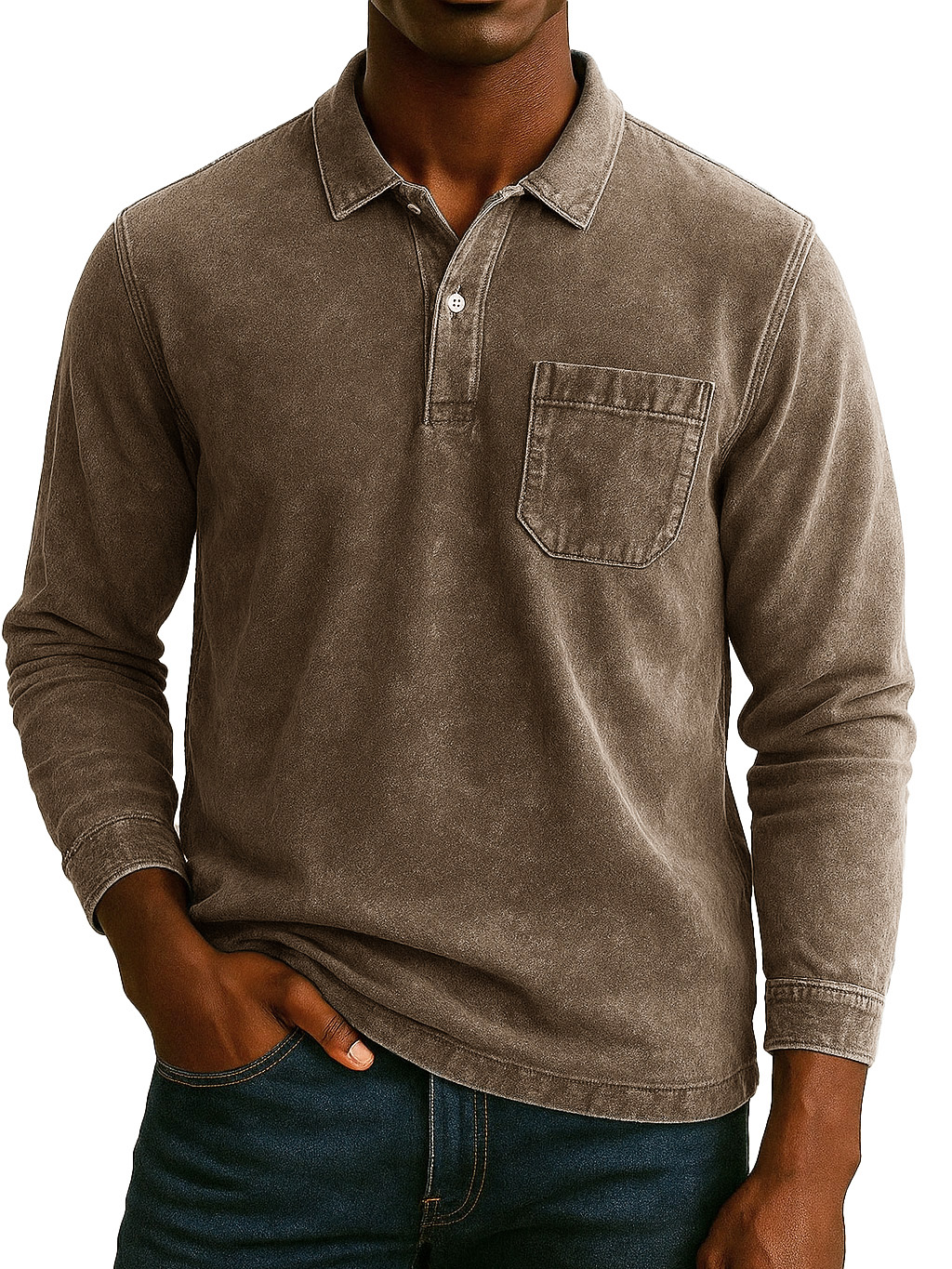 Men's Retro-chic Distressed Pocket Lapel Long-sleeved Polo Shirt