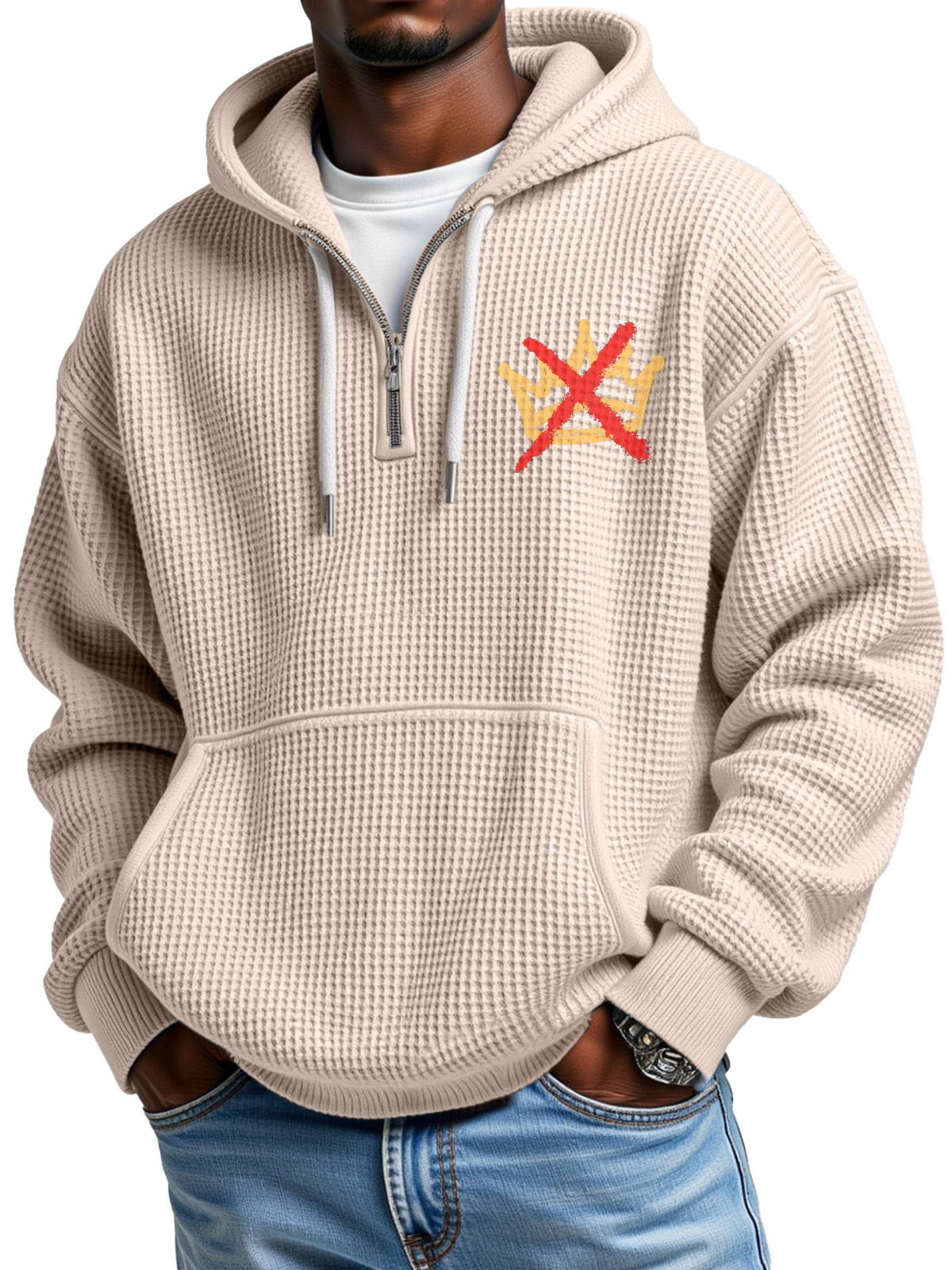 No King Waffle Texture Zipper Hooded Long-sleeved Sweatshirt