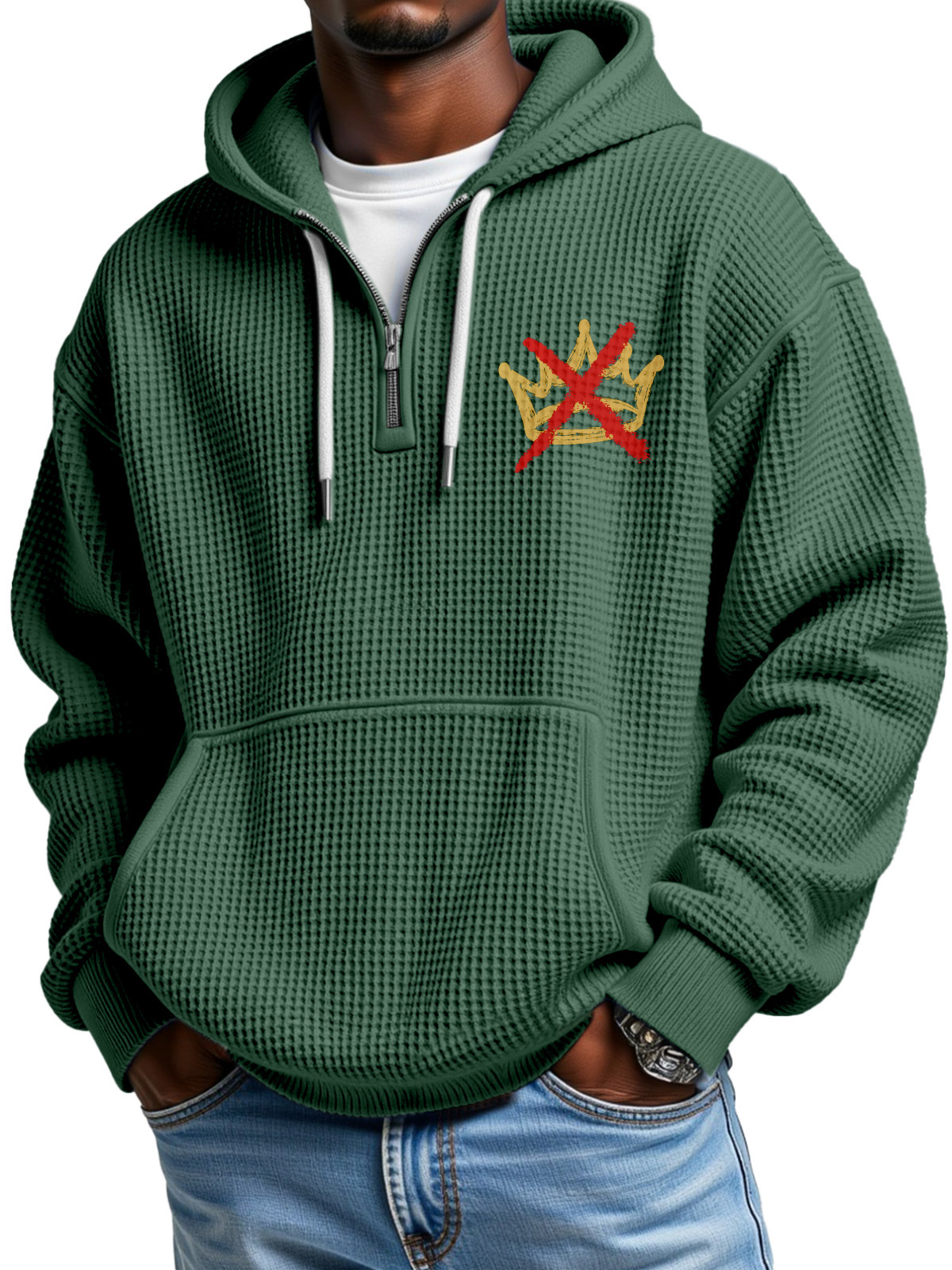 No King Waffle Texture Zipper Hooded Long-sleeved Sweatshirt