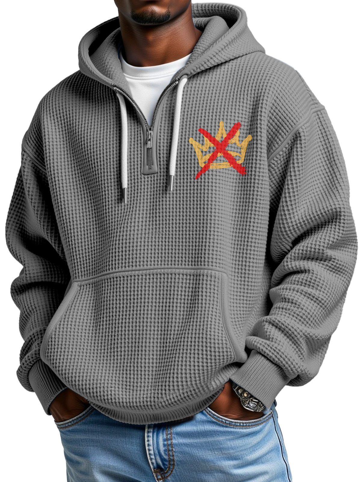 No King Waffle Texture Zipper Hooded Long-sleeved Sweatshirt