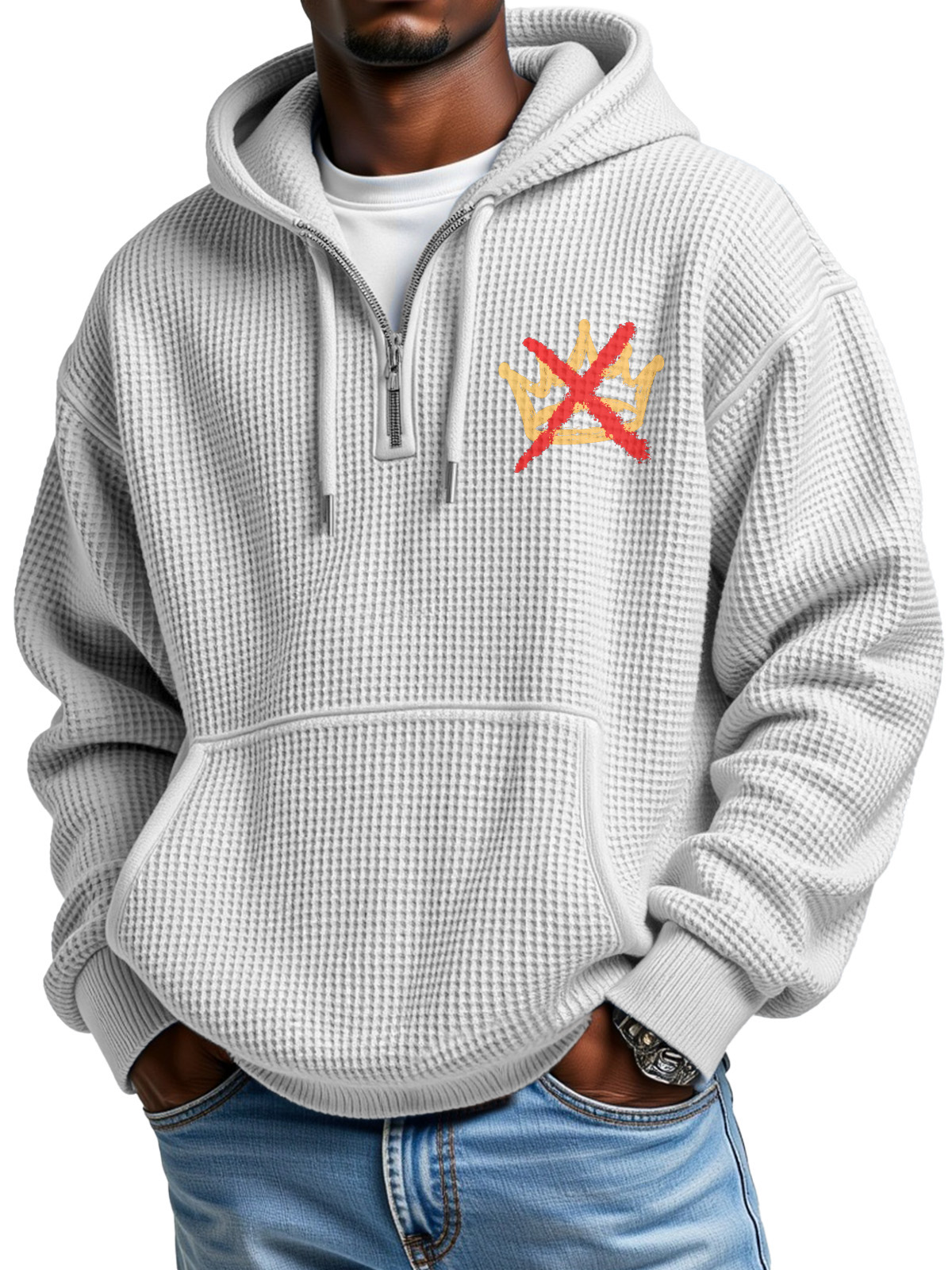 No King Waffle Texture Zipper Hooded Long-sleeved Sweatshirt