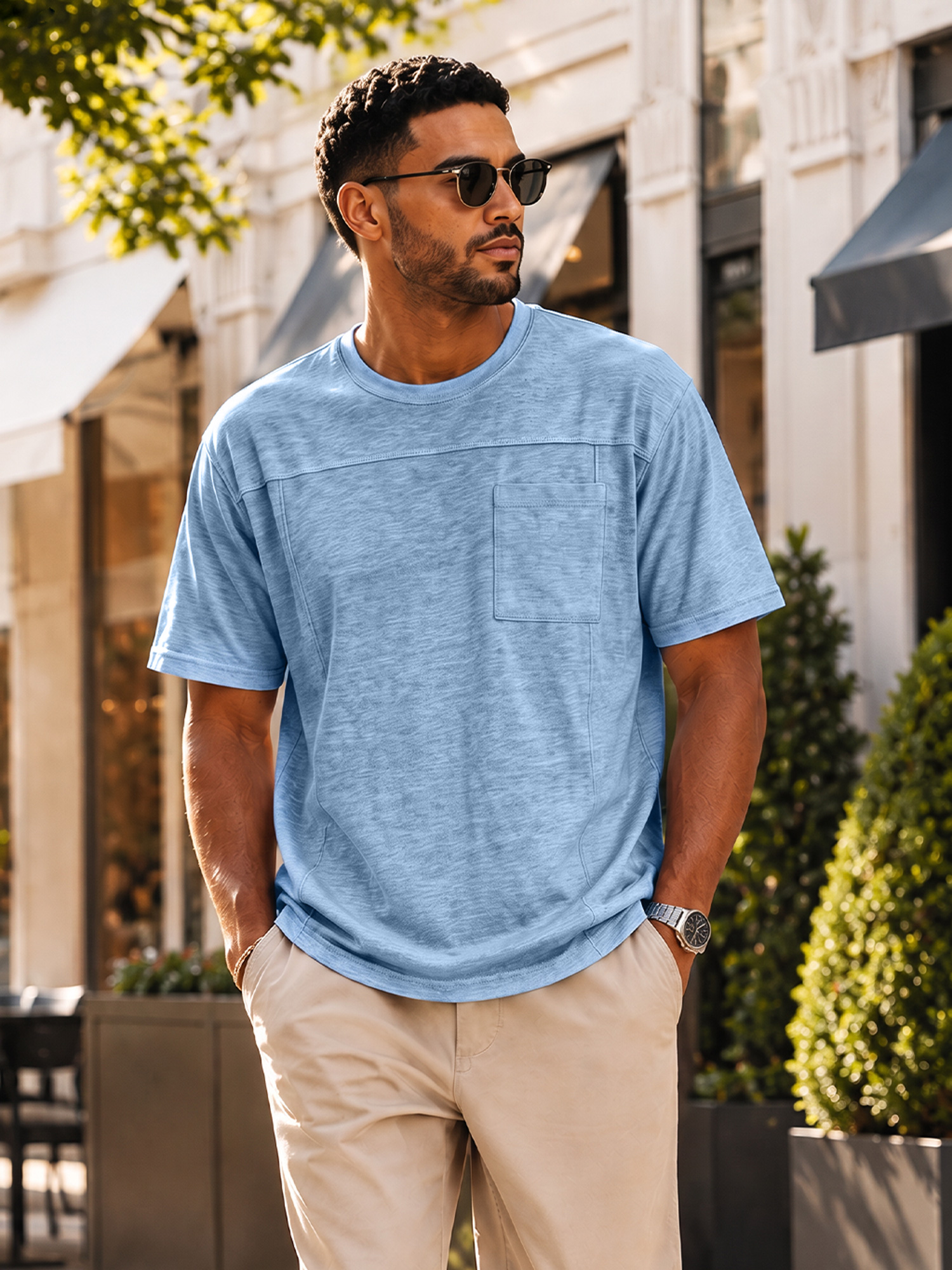 Men's Crew Neck Short-Sleeve T-Shirt with Deconstructed Design and Pocket