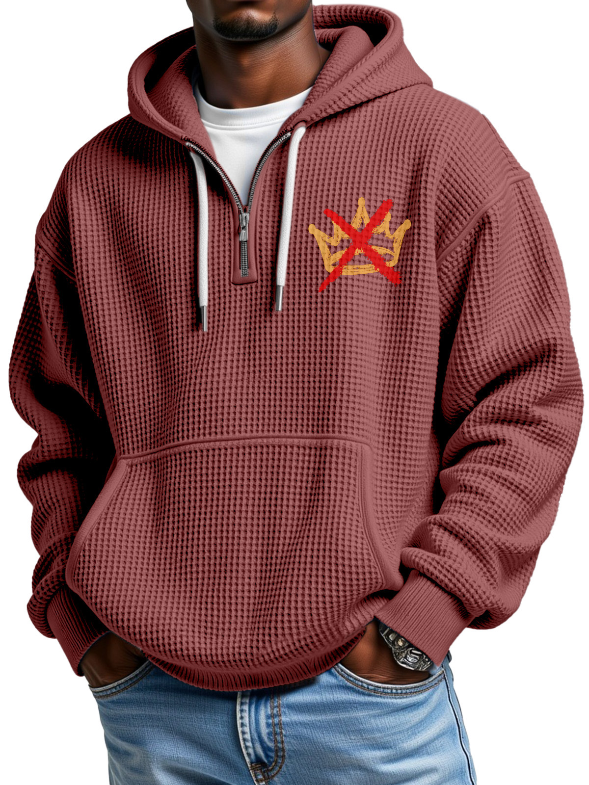 No King Waffle Texture Zipper Hooded Long-sleeved Sweatshirt