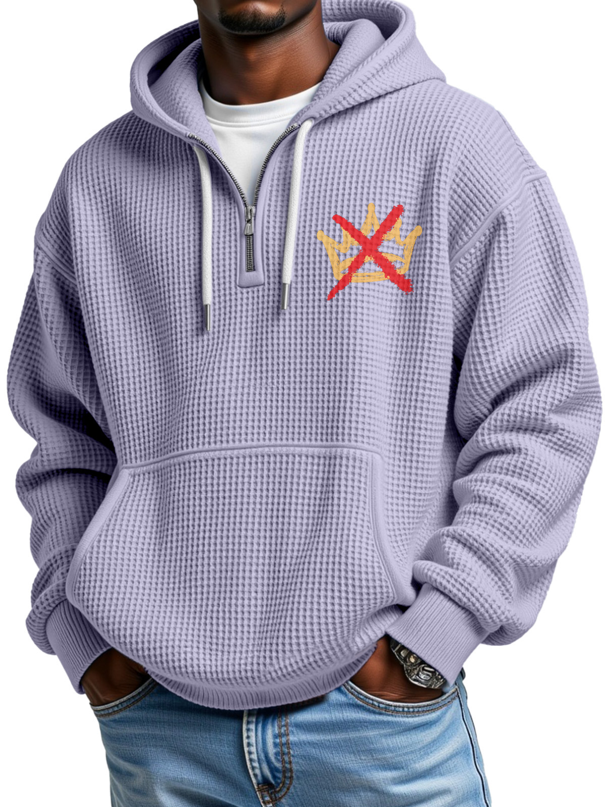 No King Waffle Texture Zipper Hooded Long-sleeved Sweatshirt