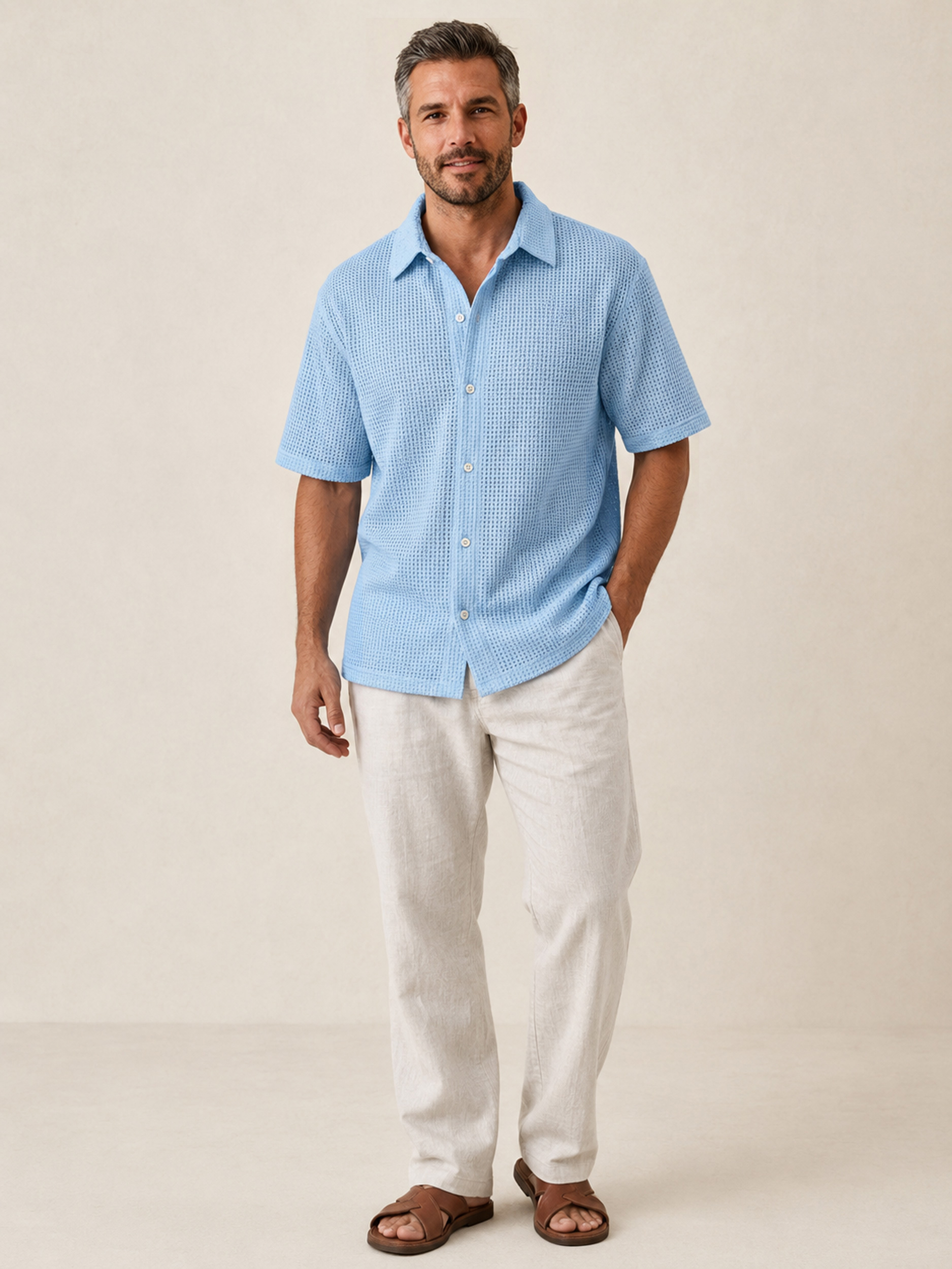 Men's Solid-Color Waffle-Knit Casual Short-Sleeve Shirt