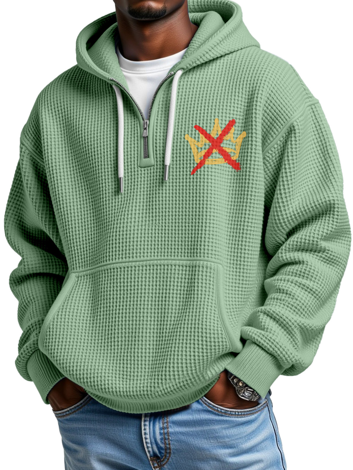 No King Waffle Texture Zipper Hooded Long-sleeved Sweatshirt