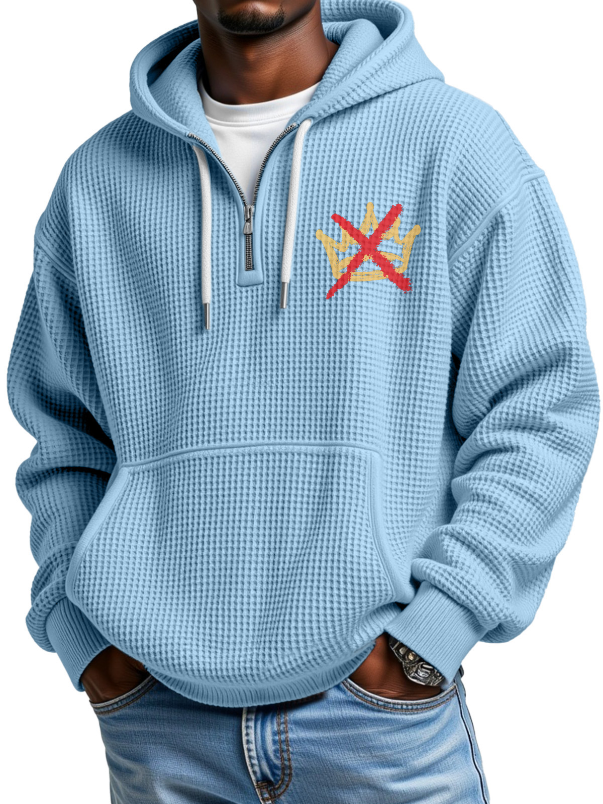 No King Waffle Texture Zipper Hooded Long-sleeved Sweatshirt