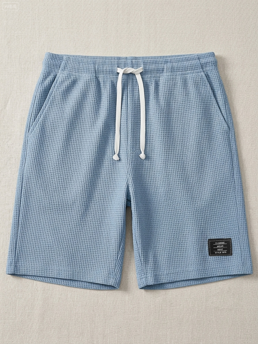 Men's Casual Waffle Embroidered Logo Elastic Waist Loose Shorts