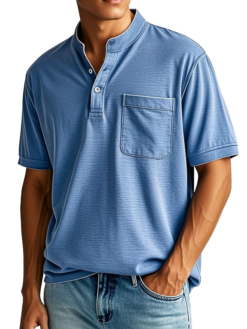 Men's Fashion Casual Stand-up Collar Pocket Short-sleeved Henley Shirt